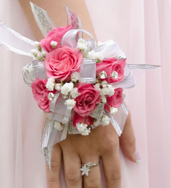 Sweet Princess Wrist Corsage - Pink Spray Roses with Babies Breath accented with Silver Sheer Ribbon. Deluxe includes more flowers. Premium choice includes more flowers and fairy lights for a beautiful glow.
