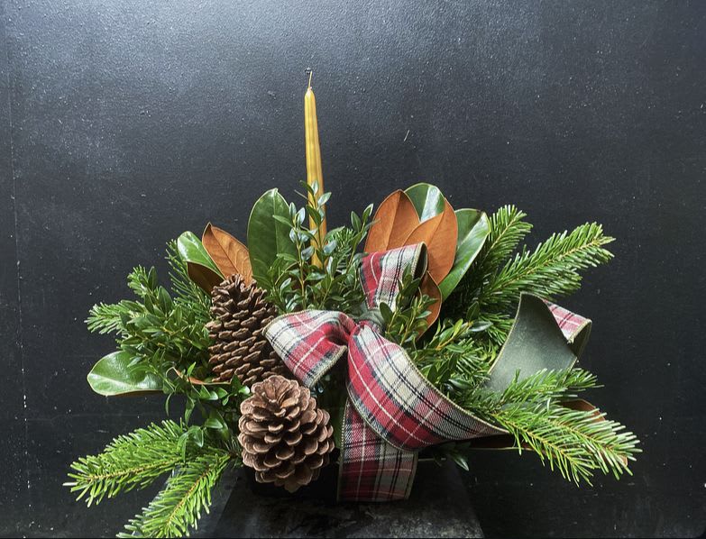 &quot;Holiday Inn&quot; with candle - Holiday greens, pine cones, candle, classic ribbon.