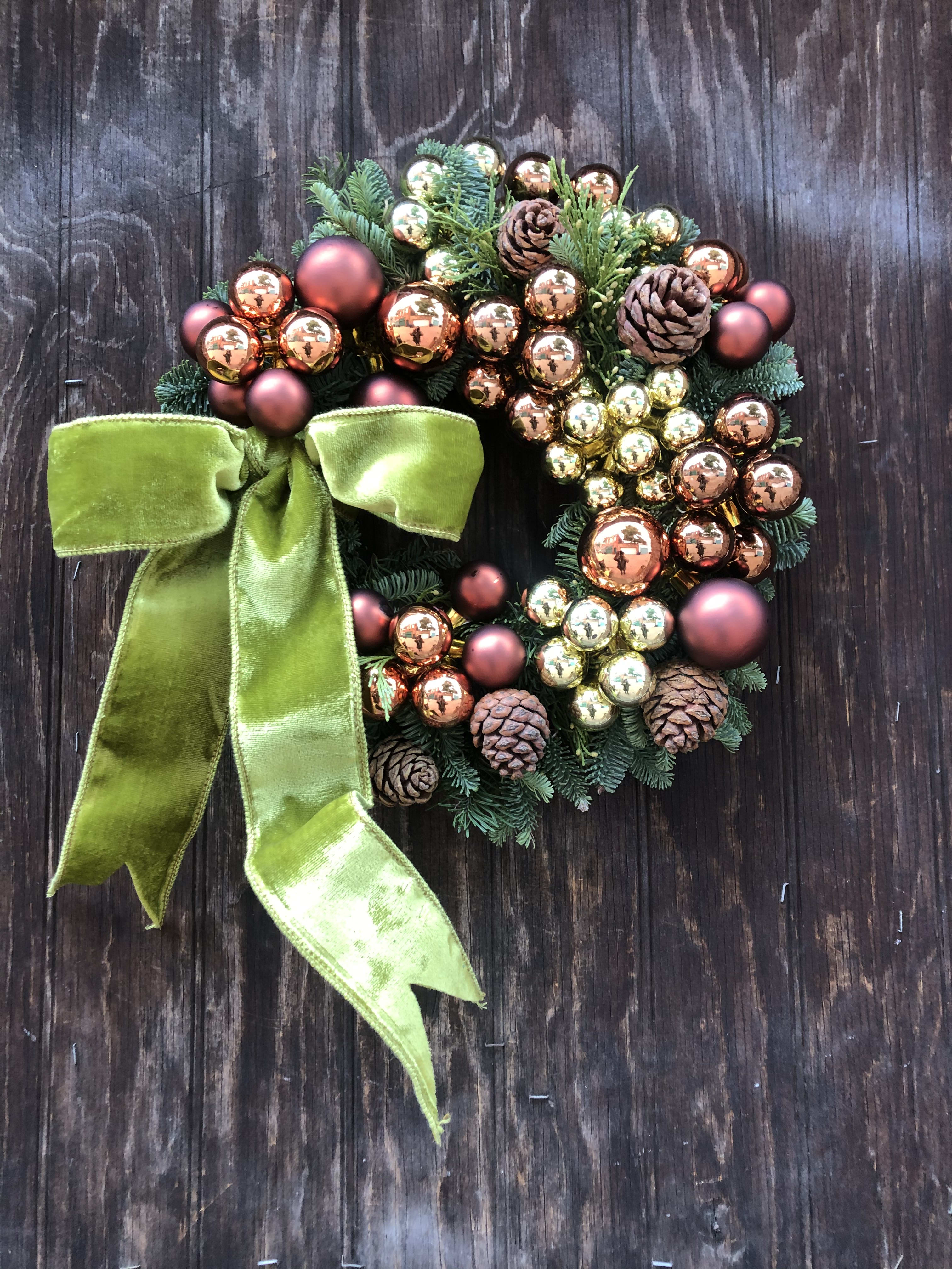 Wreath 10&quot; Custom - Wreath with pinecones, millimeter balls, ribbon. Deluxe and Premium versions will include more decorations, millimeter balls, etc.
