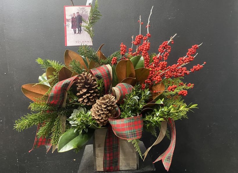 Christmas in Connecticut - Holiday greens, ribbon, pine cones, ilex berries.
