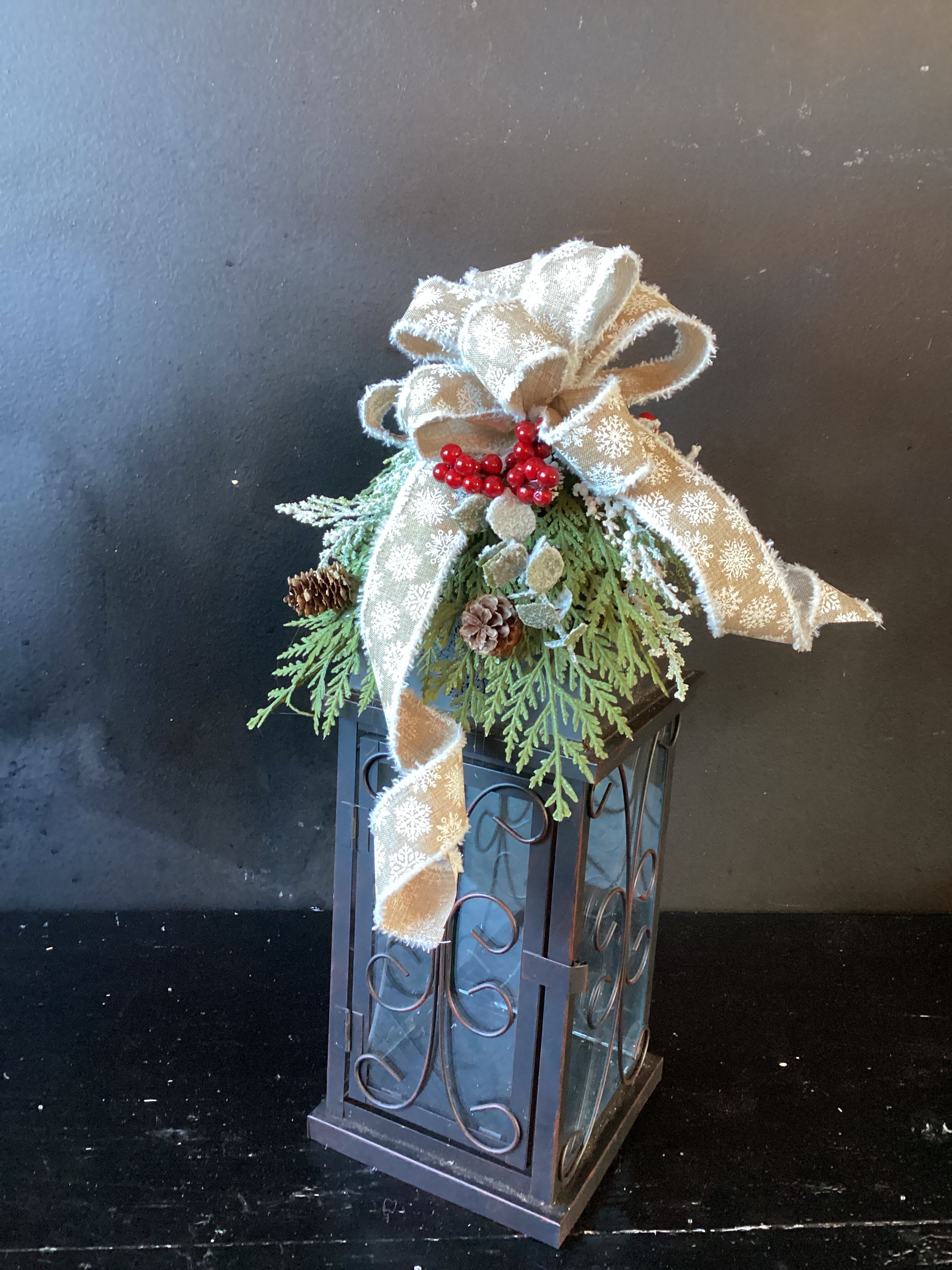 Christmas Lantern  - 19” Metal Lantern With Silk Christmas Greens &amp; Berries.