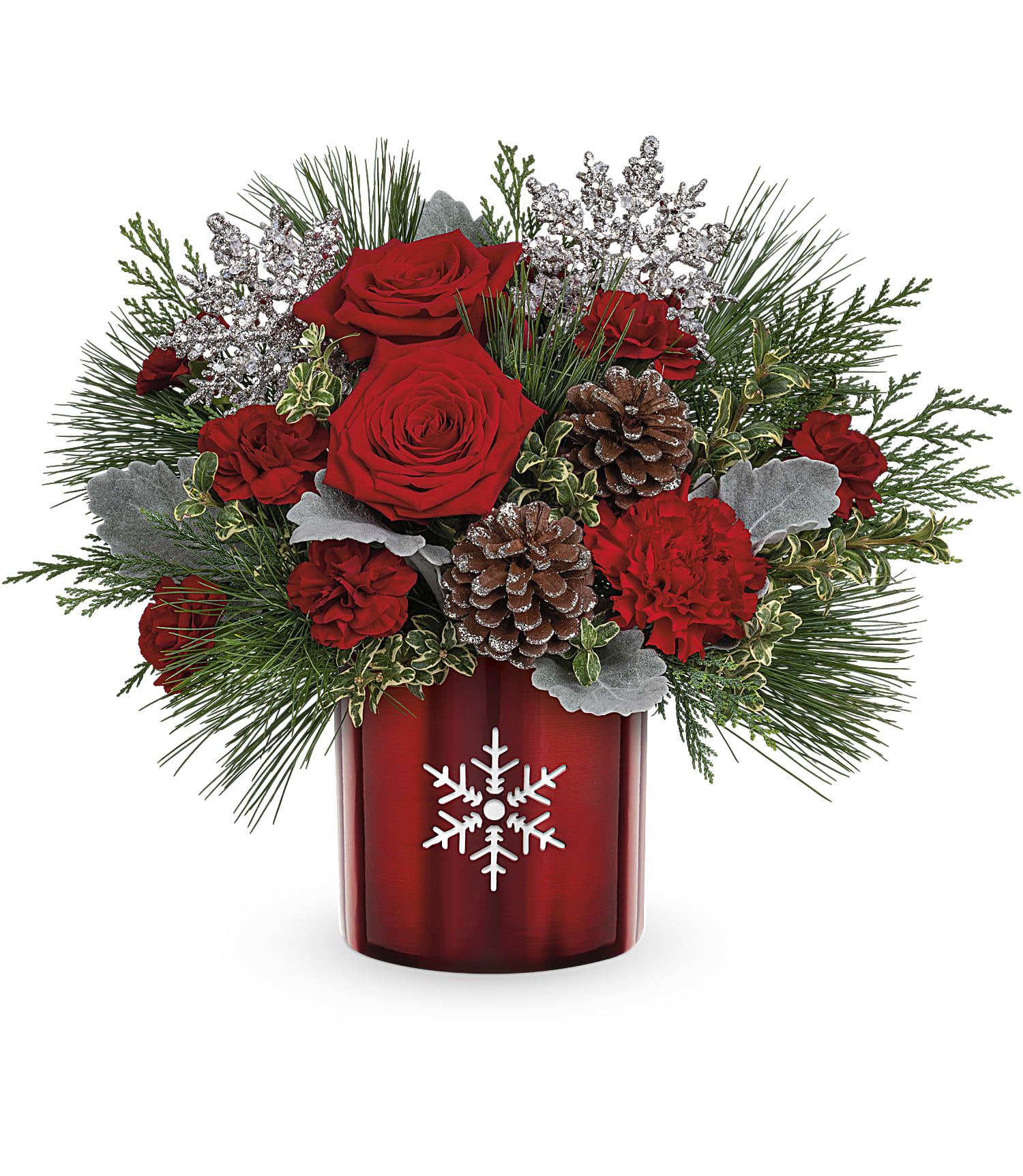 Magical Snowflake - Capture the magic of the holidays with this joyful Christmas bouquet of roses and winter greens, artfully arranged in a gleaming metal vase with whimsical snowflake cutout. Sending Christmas flowers as beautiful as these are sure to bring joy to your loved one's world. This container doubles as a candle holder!