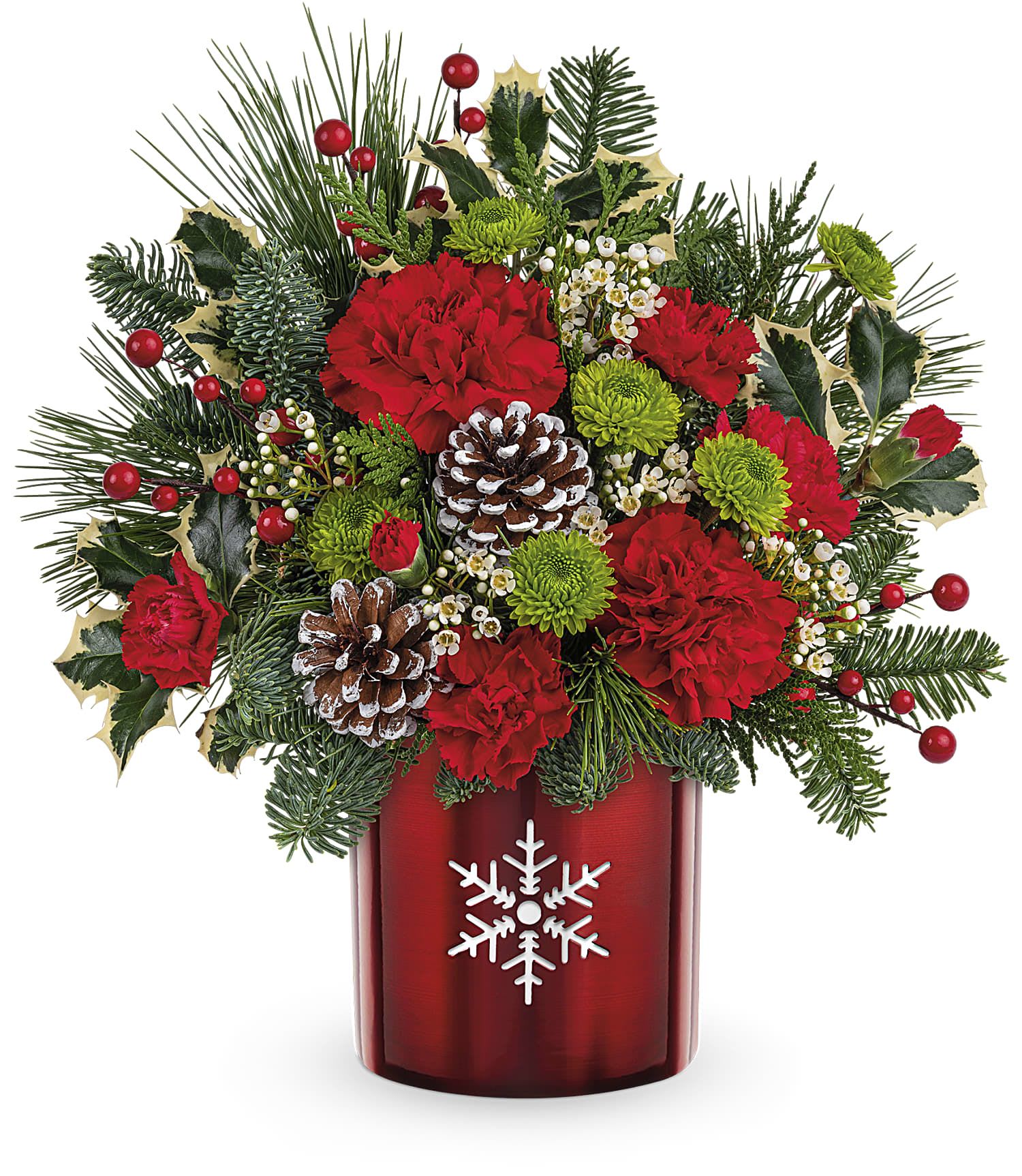 Stunning Snowflake - Make their holidays merry and bright with this classic Christmas carnations bouquet in a shimmering metal vase with charming snowflake cutout. Later, it's lovely as a votive! These holiday flowers are sure to deck your halls right!