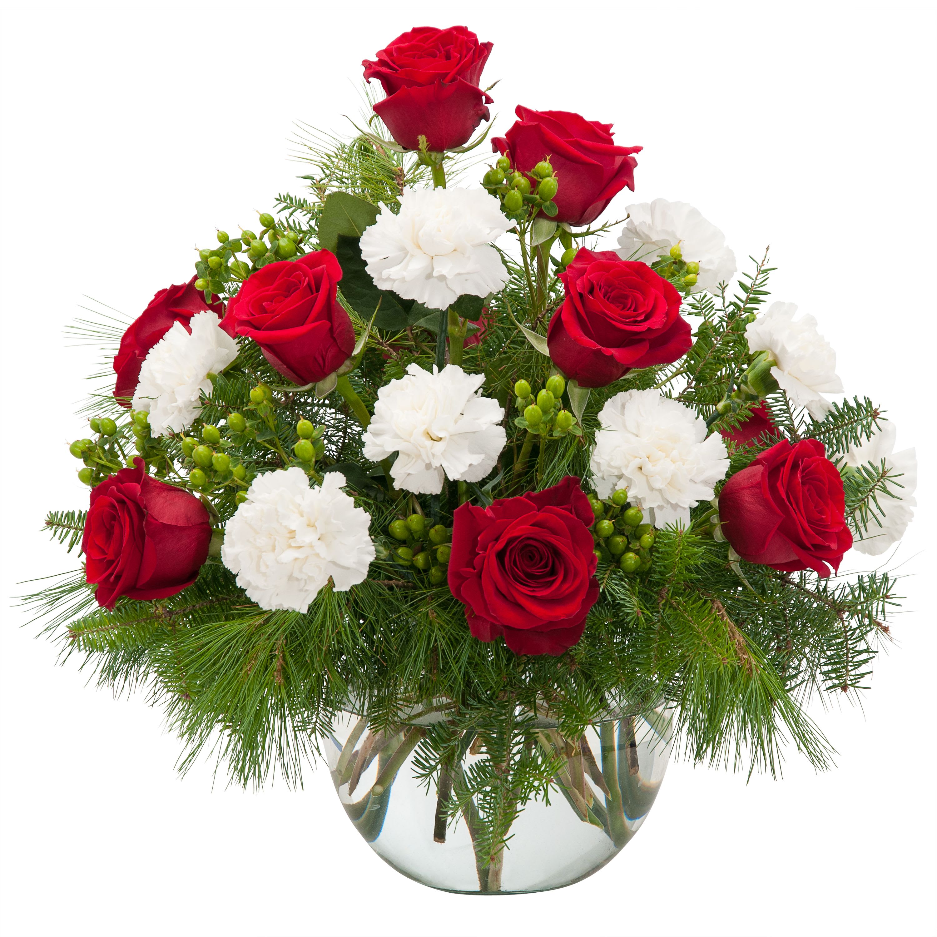 Winter Romance - TMF-391 - Roses, carnations and berries accented with evergreen are combined to make a beautiful lush centerpiece. Approximately 12"W X 12"H