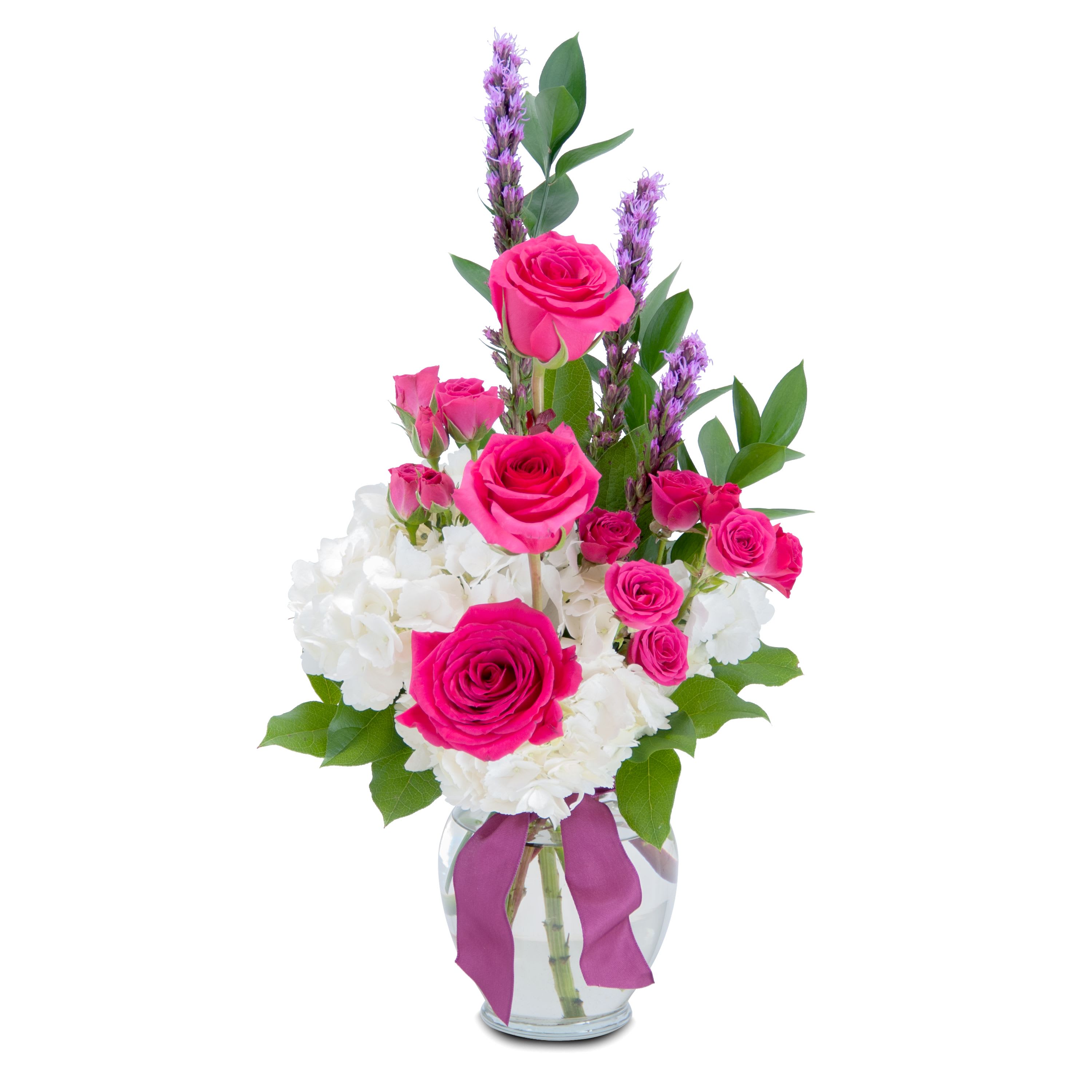 Popular Pink - TMF-145A - A bright and bold combination of gorgeous popular pink roses and spray roses, white hydrangea, liatris and assorted foliage. Designed in a clear glass vase and finished with a ribbon tie. Approximately 18"H X 9"W