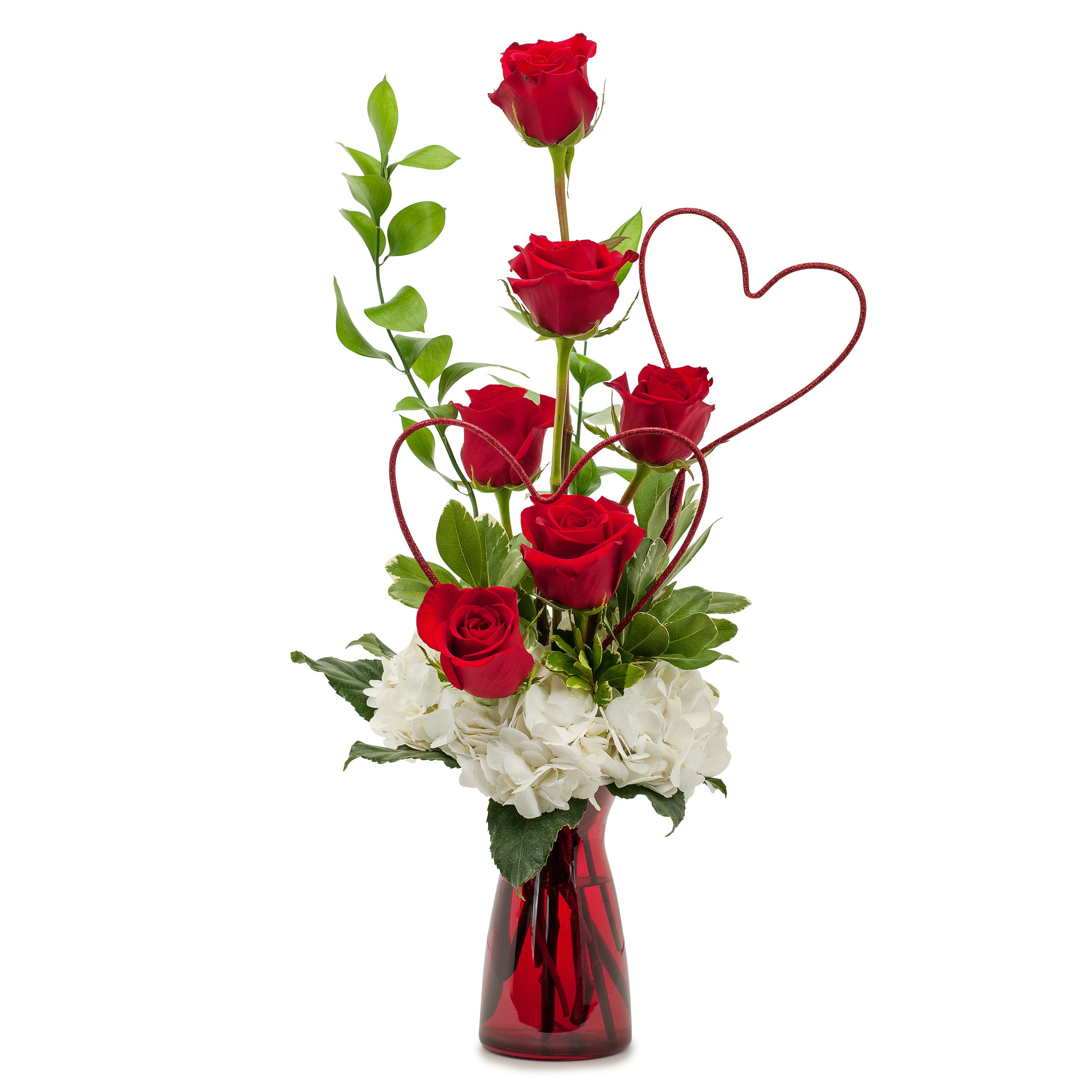 Two Hearts on Fire - TMF14-209 - Red roses and hydrangea in a red vase finished with two red hearts. Approximately 7"W X 18"H