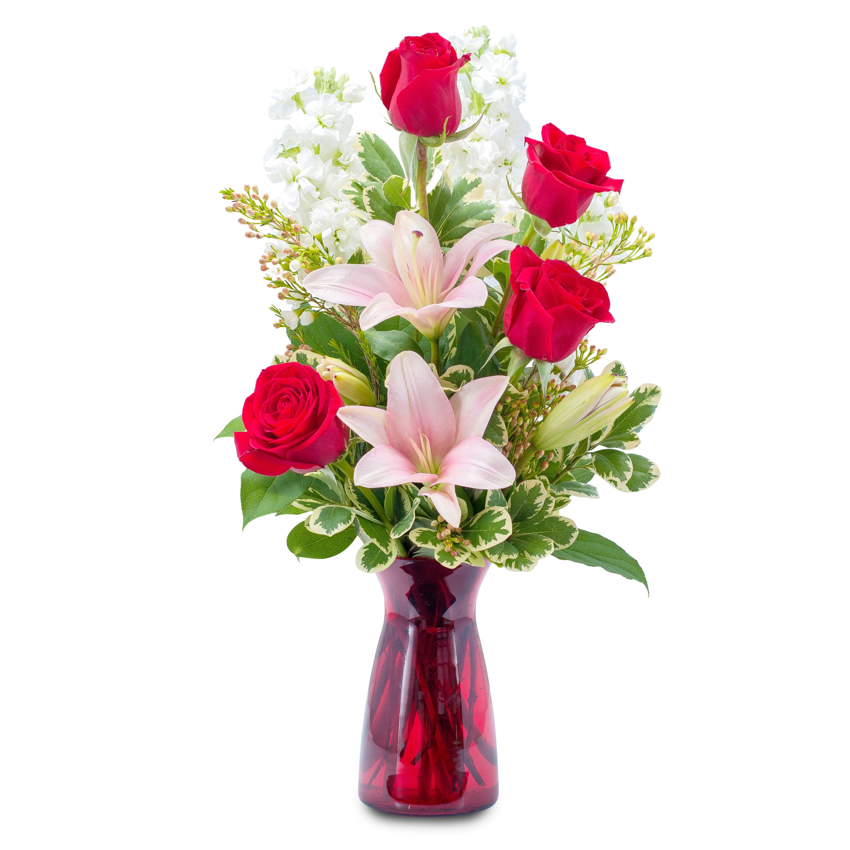 Tender Love - TMF-136 - Beautiful lilies and roses combine with accent flowers and foliage for thoughts of tender love. Approximately 8"W X 14"H