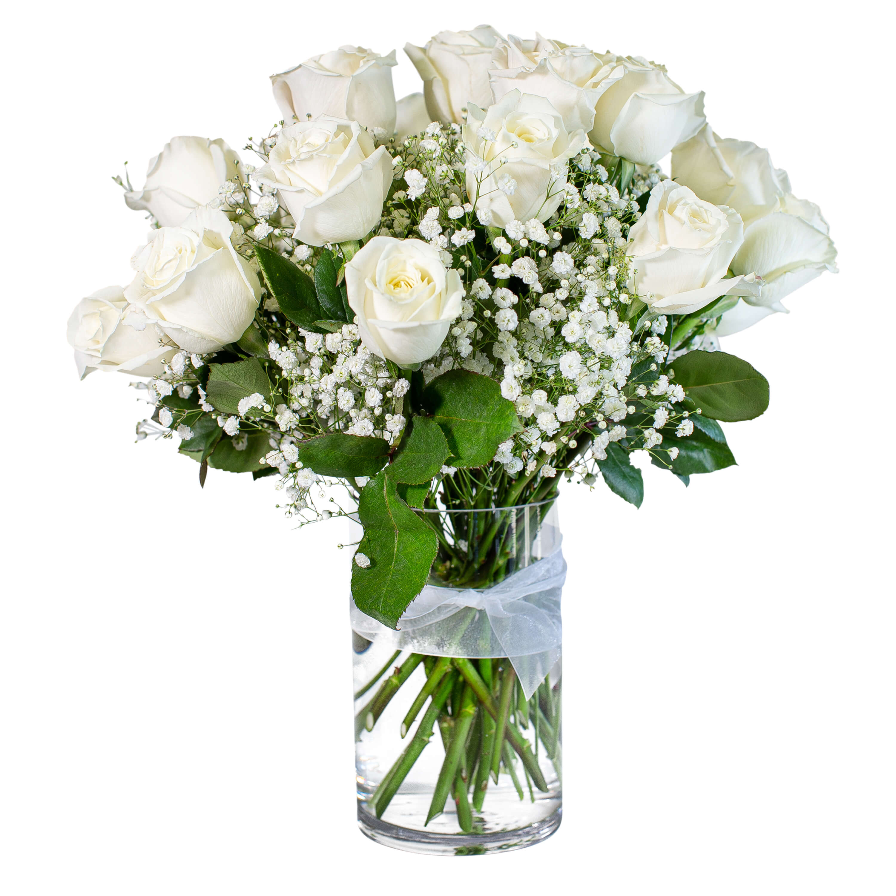 Icing - TMF-1506 - Sweeten the deal. Icing will top off that special occasion. White Roses are accented with baby's breath in this simple beauty.	Approximately 16"W X 19"H