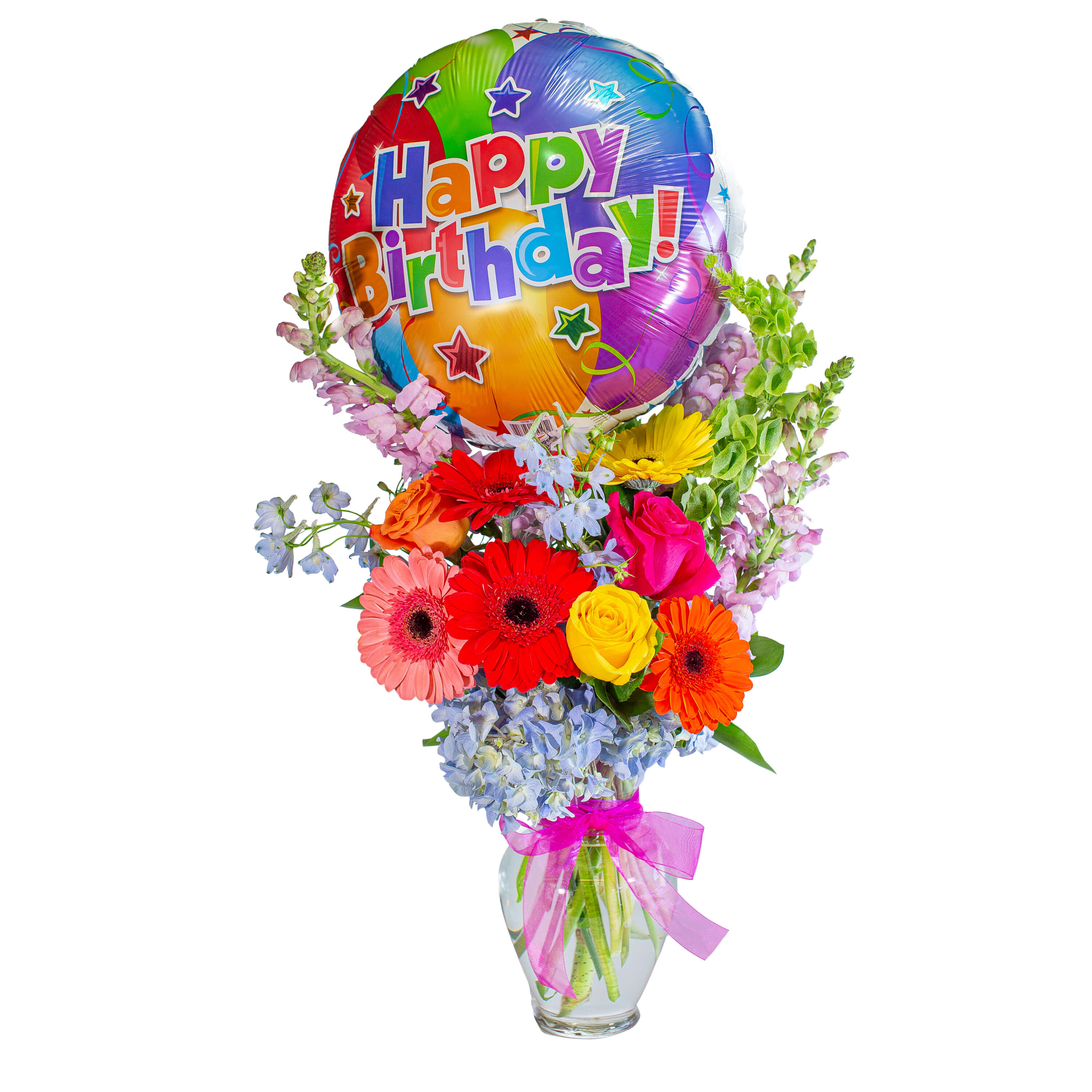 Birthday Hoopla - TMF-1520 - What's all the fuss about? You! Birthday Hoopla is perfect to say &quot;Let's Celebrate You today&quot;. Colorful Gerbera Daisies and Roses are bright and cheery in this fun arrangement. Approximately 17&quot;W X 40&quot;H