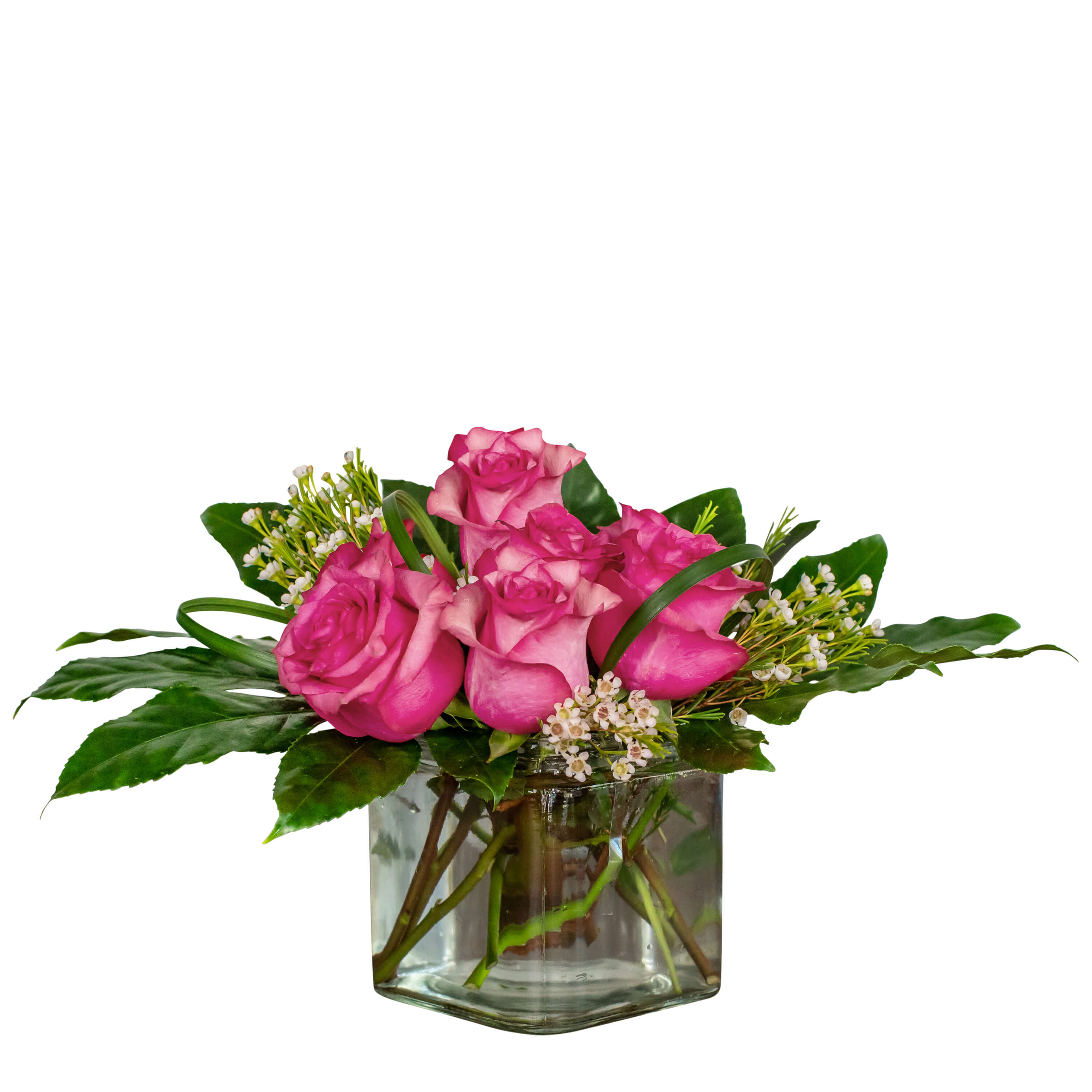 Passionate Pink TMF-1651 - Sleek and stylish.  Passionate Pink sends a special message of affection.  Flowers like hot pink roses are tastefully arranged in this cube will accent any space.  Approximately 12&quot;W X 9.5&quot;H