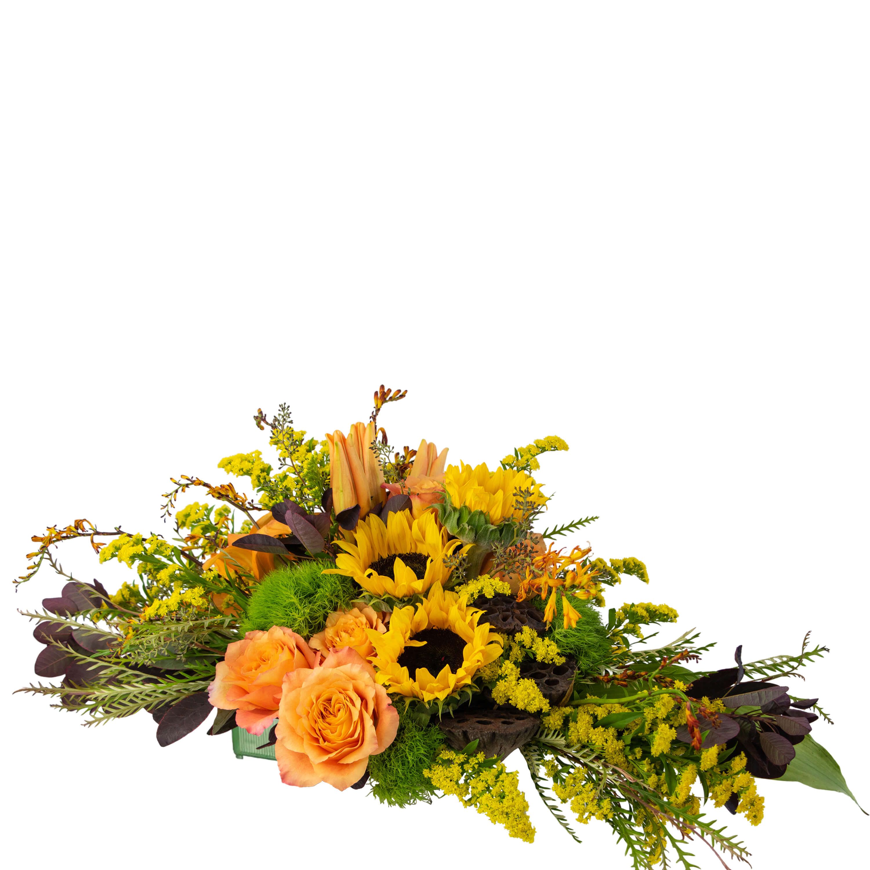 Woodsy Vibrance - TMF-1623 - All at once, the vibrant colors of autumn burst forth! This exquisite centerpiece includes a blend of flowers like Roses, Sunflowers, Green Trick Dianthus, Solidago, Mums and Lotus Pods. All are artistically arranged on a dish.  Send the seasons best, send The Woodsy Vibrance arrangement.  Approximately 26"W X 12"H