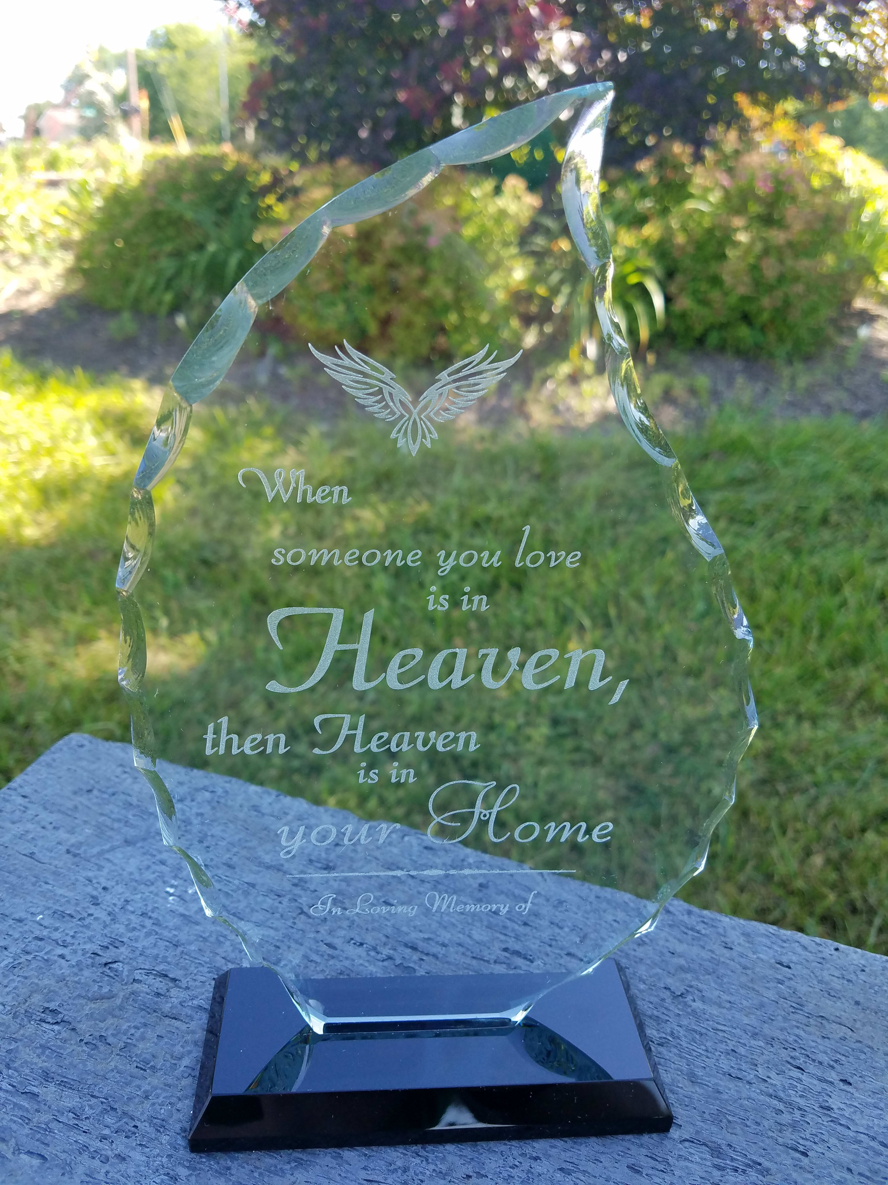 Etched Memorial Glass Personalized - This beautiful piece can be personalized as a special tribute.  Add it to a fresh flower arrangement for a unique arrangement they'll remember. Please send personalization request to haehnfloristlaser@gmail.com   This piece stands 9&quot; tall, is 6&quot; across for a beautiful display and 2&quot; base.