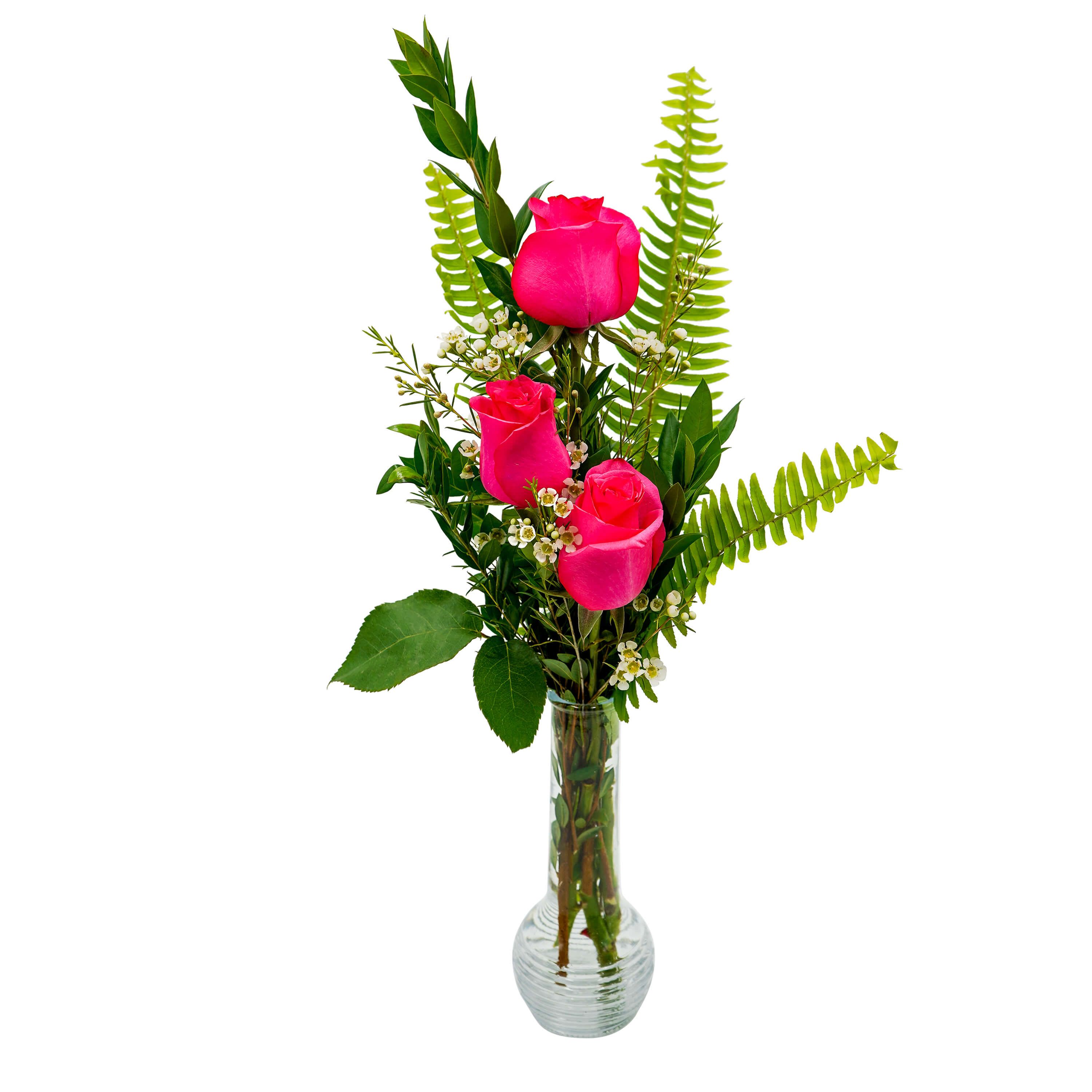 Pink Grapefruit Twist - TMF-1604 - Sweetness overload. Pink Grapefruit Twist is the perfect accent. Three yellow roses are adorned by greens and filler in this cute bud vase. Approximately 12&quot;W X 22&quot;H