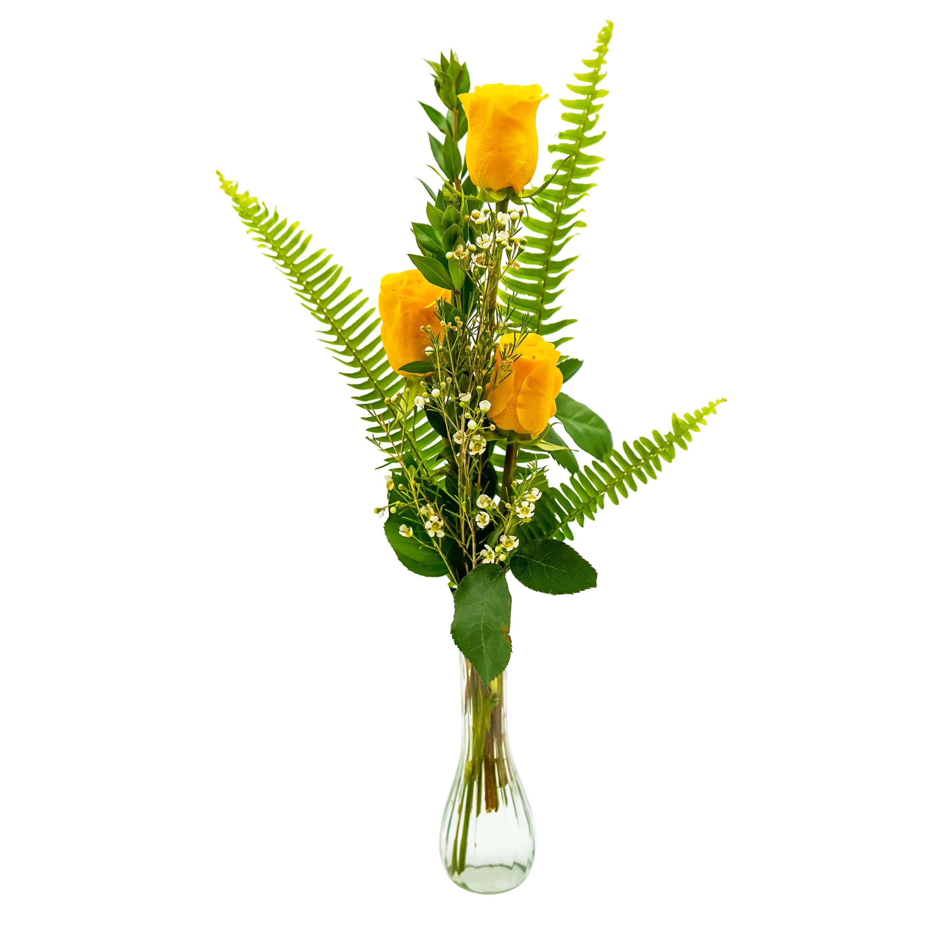 Lemon Twist - TMF-1595 - Puckery goodness. Lemon Twist is the perfect accent. Three yellow roses are adorned by greens and filler in this cute bud vase. Approximately 12&quot;W X 22&quot;H