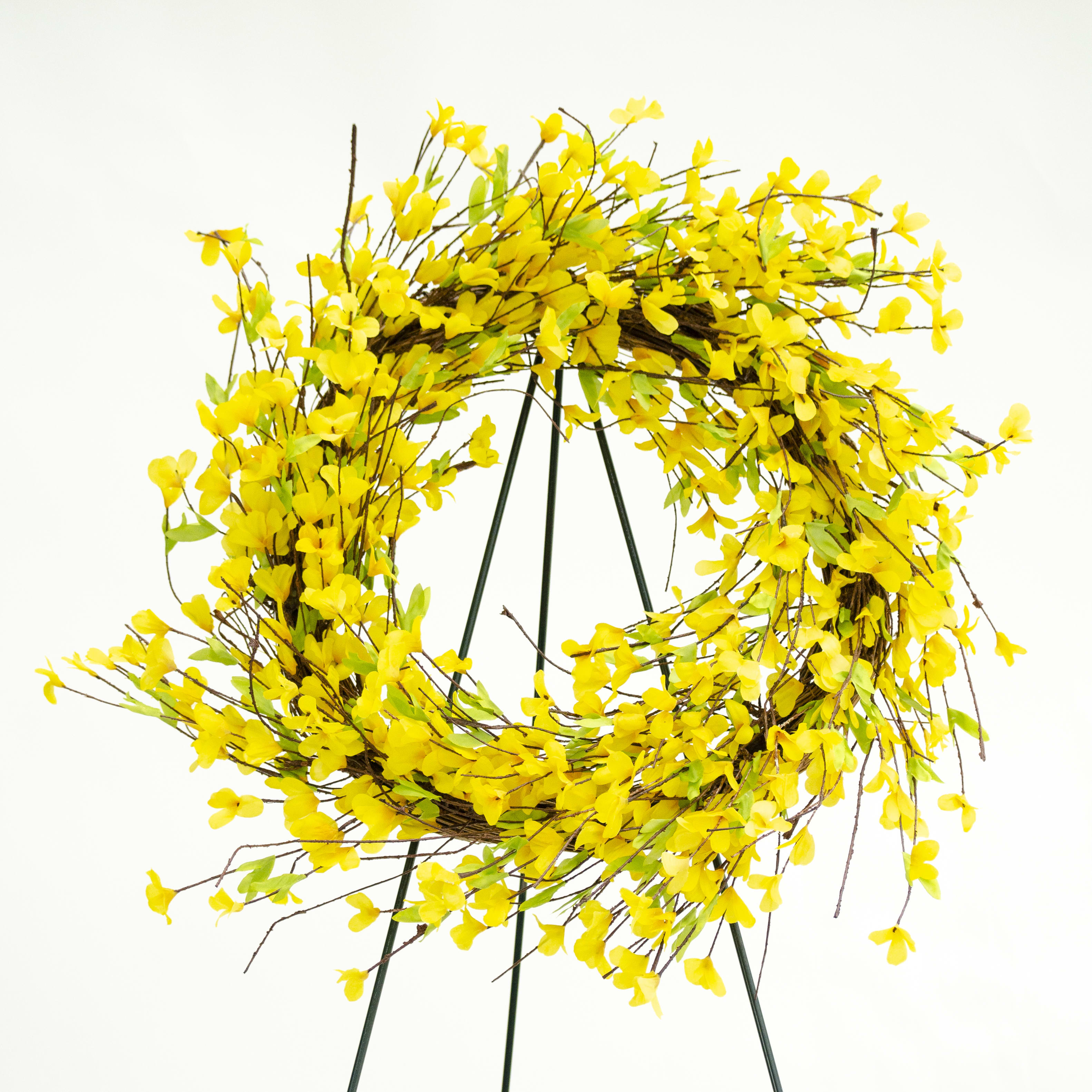 Artificial Forsythia Wreath - This wreath measures 20&quot;x20&quot;and is perfect for the front door.  Stand is not included but may be purchased separately for display at gravesite.