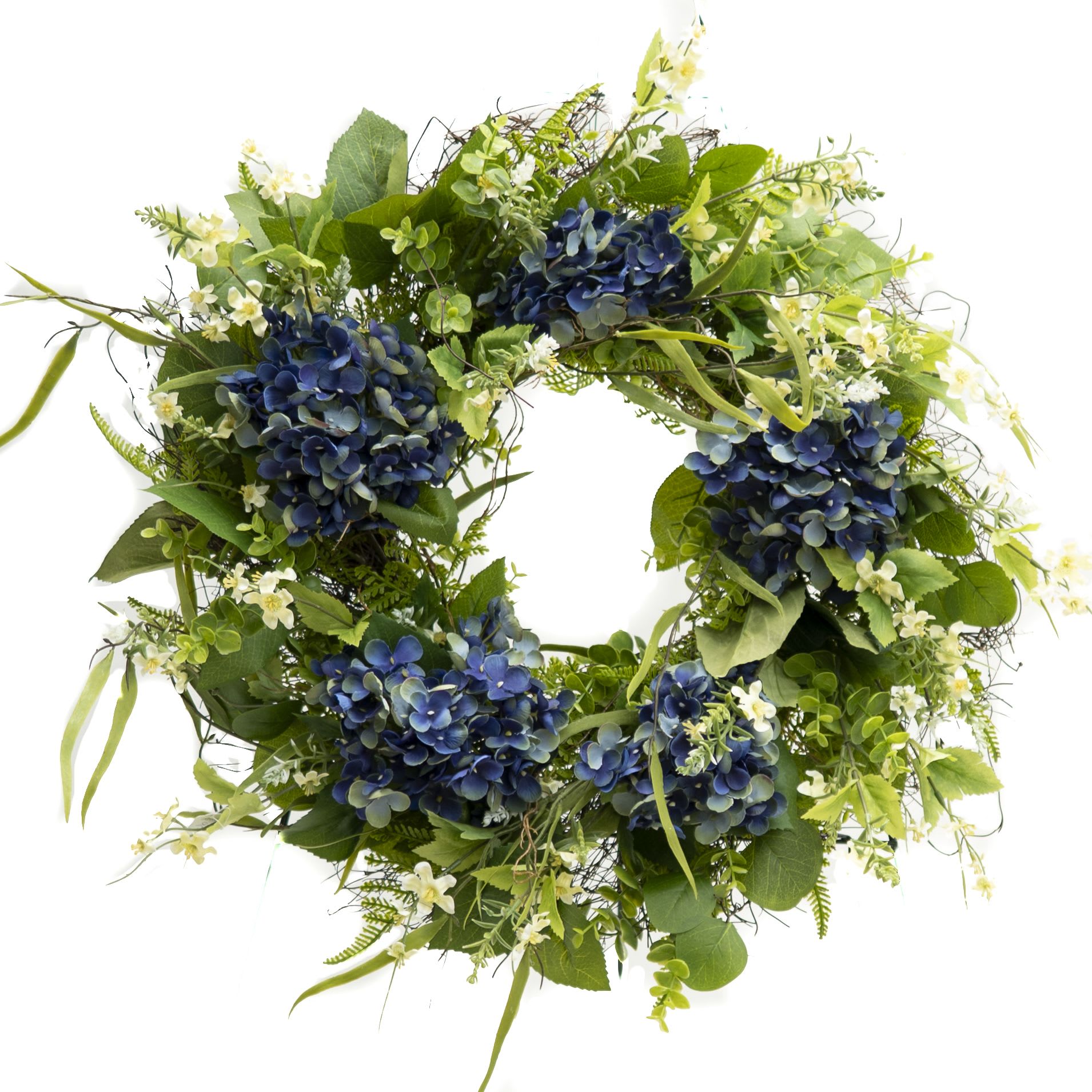 Blue and Cream Artificial Wreath  - Artificial flowers on a willow branch wreath.