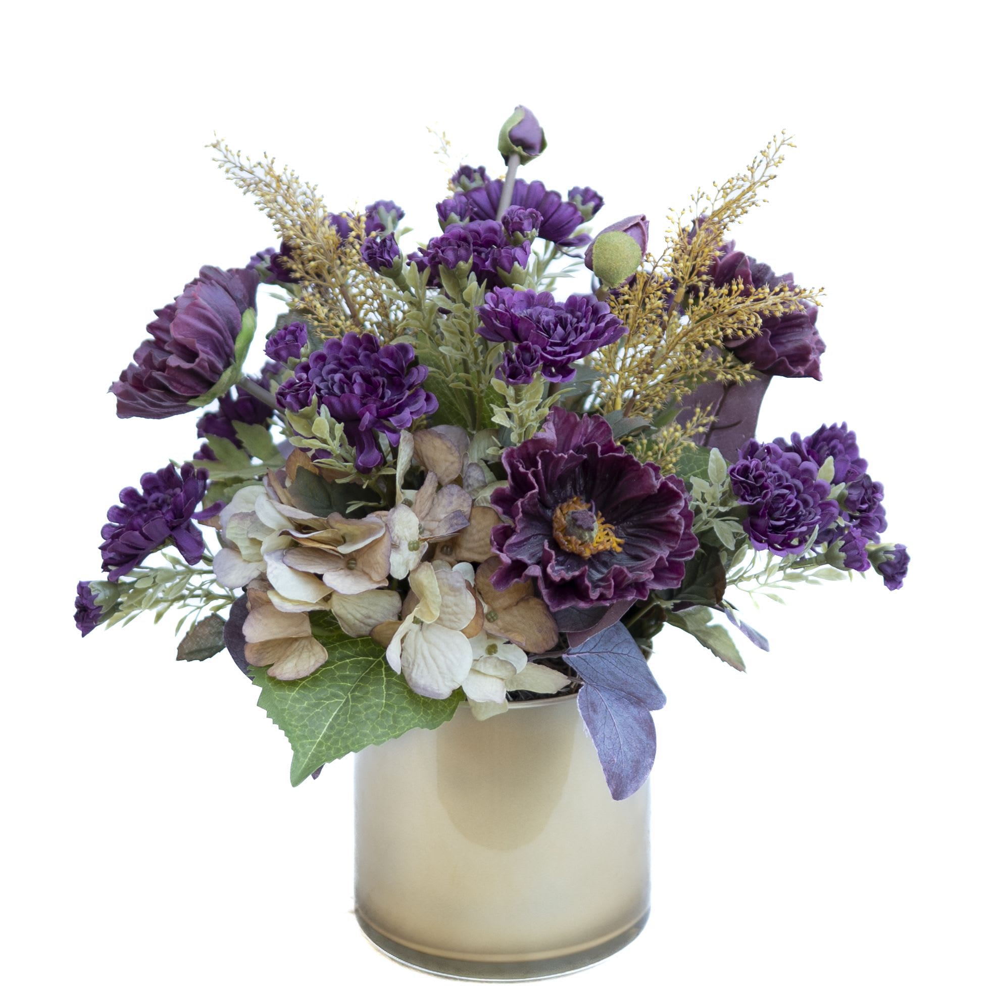Hydrangea, Anemones, a Purple Poms (Artificial Arrangement) - This gold cylinder is filled with beautiful fall toned flowers. Perfect as a festive fall accent and can be displayed in some many places, like bedside,  coffee table, kitchen table, or side table..