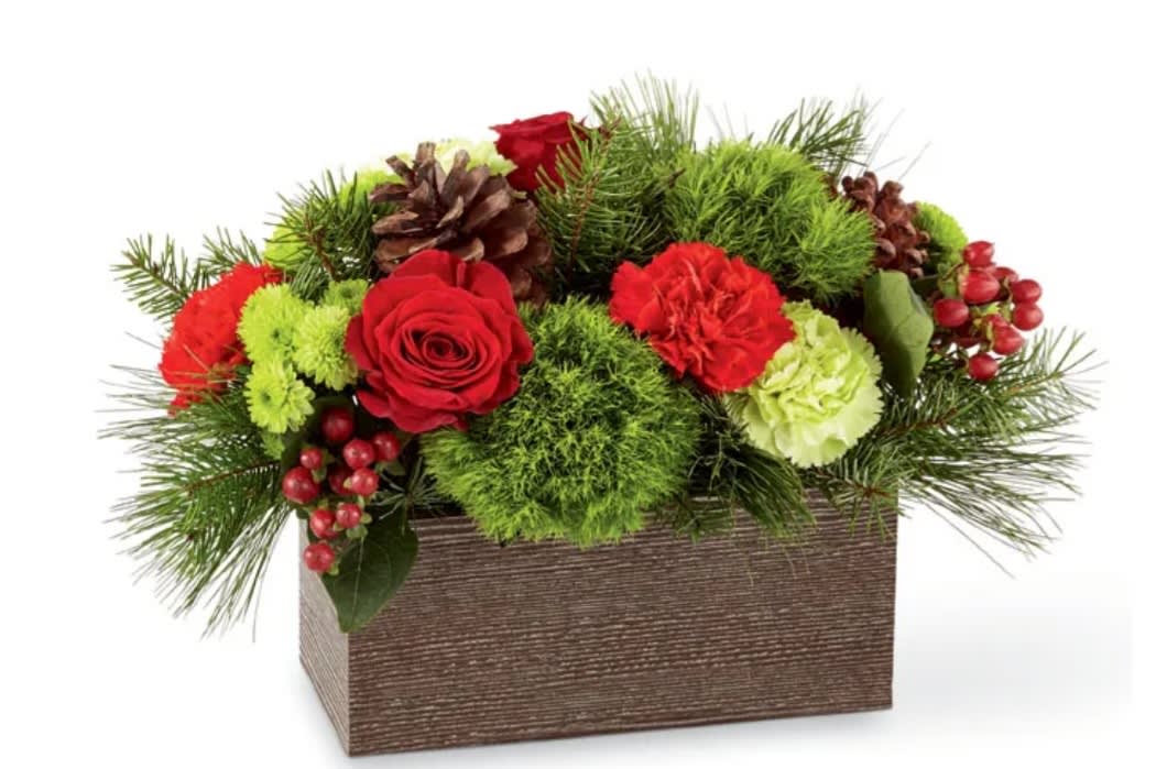 Modern Holiday Centerpiece - Wooden box filled with beatiful upgraded holiday flowers, roses, pinecones, grasses, berries, in all shades of Christmas!