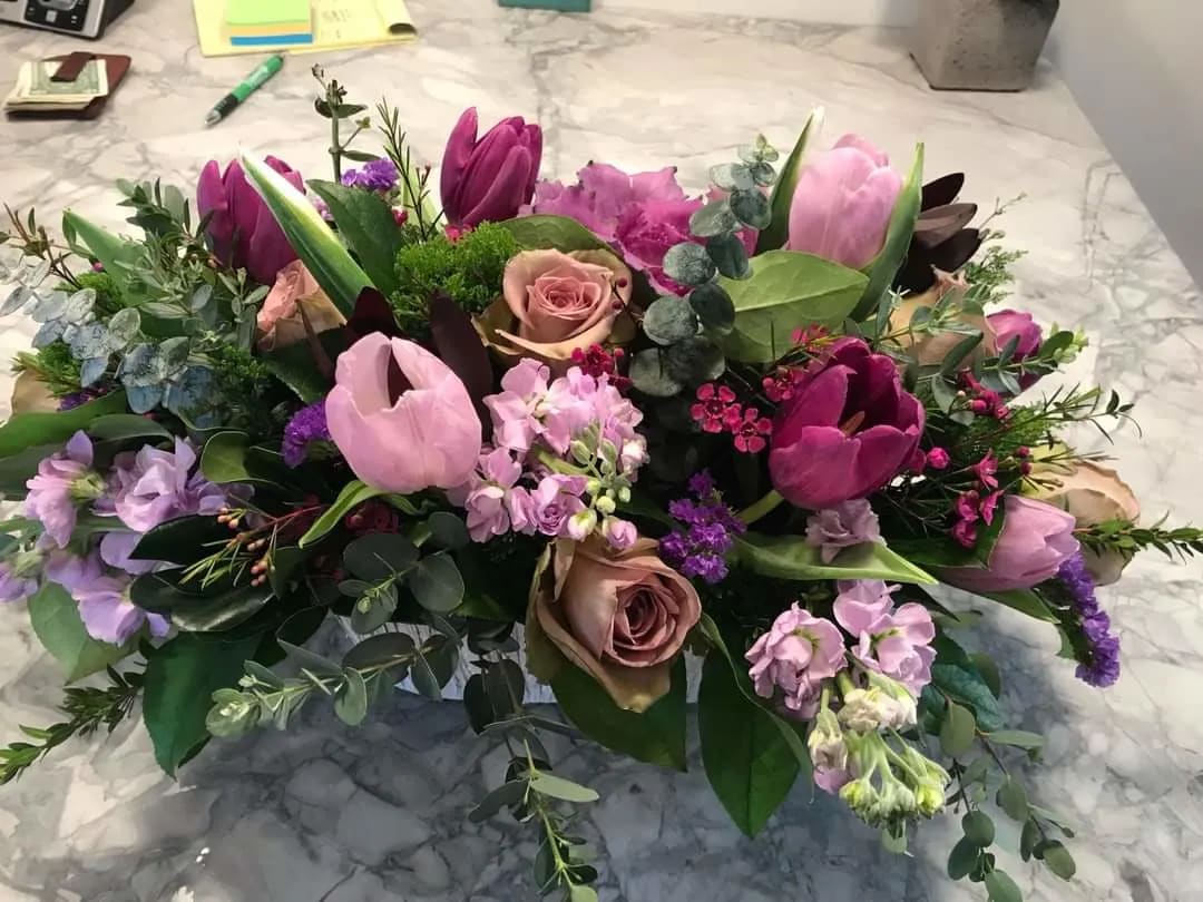 Designer's Choice garden box - Designer's Choice A mix of premium blooms in a gardeney style design, in a handmade wooden rectangular box, using in season flowers of all colors and textures. If you prefer a color scheme, please add to comments, and we will try our best to match it!