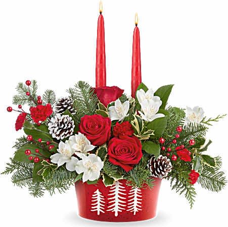 Evergreen Charm Centerpiece - Glow up your holiday table with Teleflora's Evergreen Charm Centerpiece. Red roses, white alstroemeria, and evergreens shine in Teleflora's Snowy Pines Dish with glowing red candles-perfect for Christmas dinners or winter celebrations.
