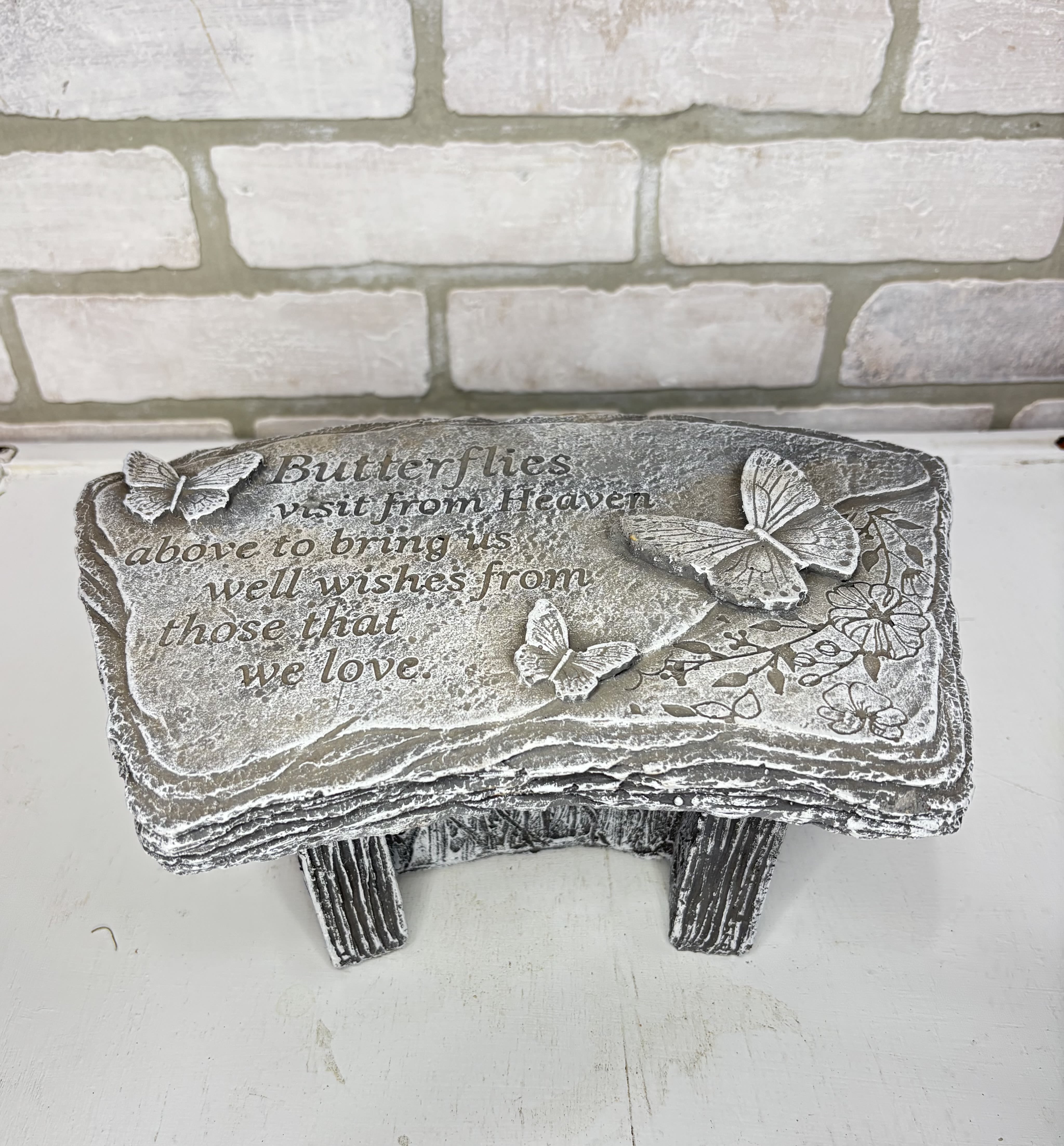 Butterfly Bench - A smaller bench with butterflies and inscription, &quot;Butterflies visit from Heaven above to bring us well wishes from those that we love.&quot; 