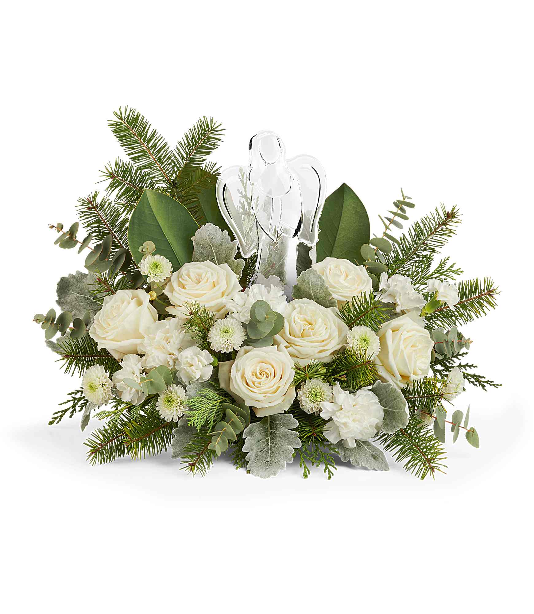 Light of Love - Light of Love Bouquet offers a serene expression. A keepsake crystal angel is surrounded by peaceful white flowers.   Specify color theme desired if pastels or monochromatic better fits your occasion.  (Crystal angel is approximately 6 1/2&quot; tall, and stands alone after removed from arrangement)