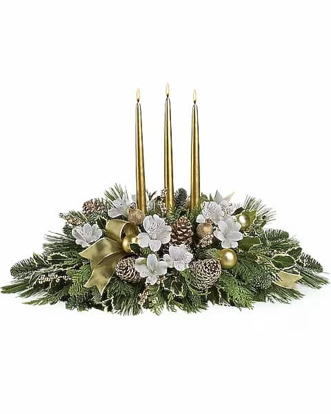 Royal Christmas Centerpiece - Know someone who deserves the royal treatment this holiday season? This shimmering golden centerpiece will shine its golden light upon them. Three gorgeous gold taper candles take center stage in an arrangement of crÃ¨me roses and spray roses, white alstroemeria, gold ornaments, pinecones, intricate mesh ribbon, Christmas greenery and more. This kind of high style really is fit for a king or queen!
