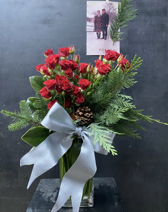 Panettone - Garden spray roses, holiday greens and elements.