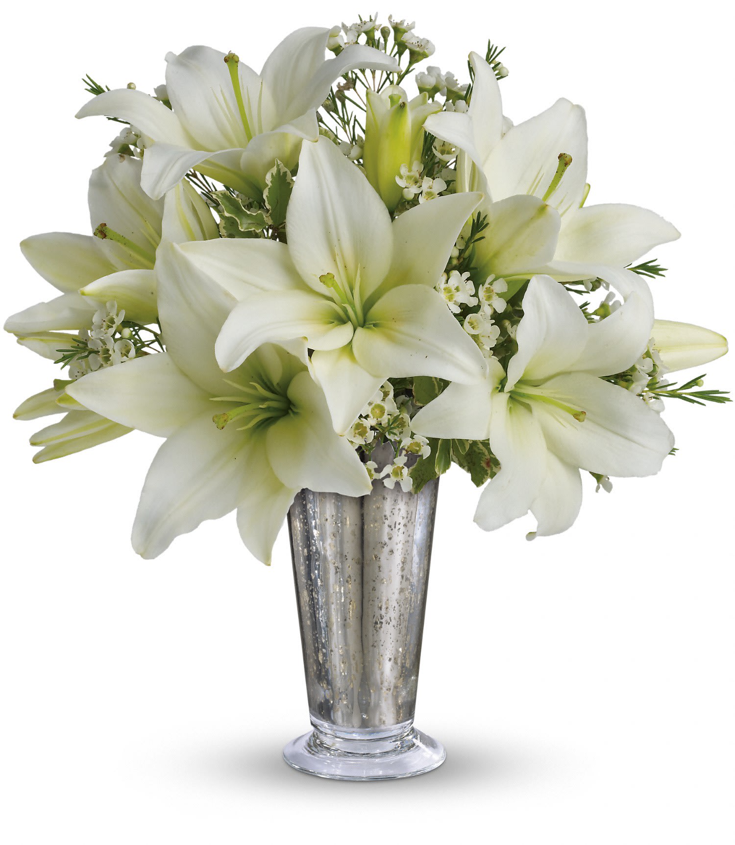 Written in the Stars - Elegant white lilies and pretty white waxflower stems are exquisitely arranged in a silver Mercury Glass Antique vase that's reminiscent of a star-filled sky. It really is a wish come true. Approximately 12 1/2&quot; W x 14&quot; H    T7-1A