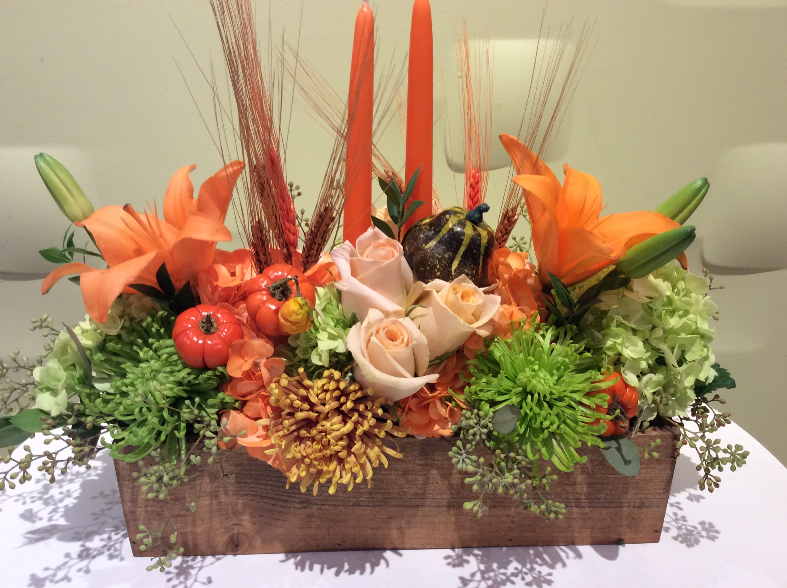Box of joy   - amazing rustic wood box, made with the joy of fragrance flowers, and lots of fall elements that create a unique arrangement. (seasonal) 