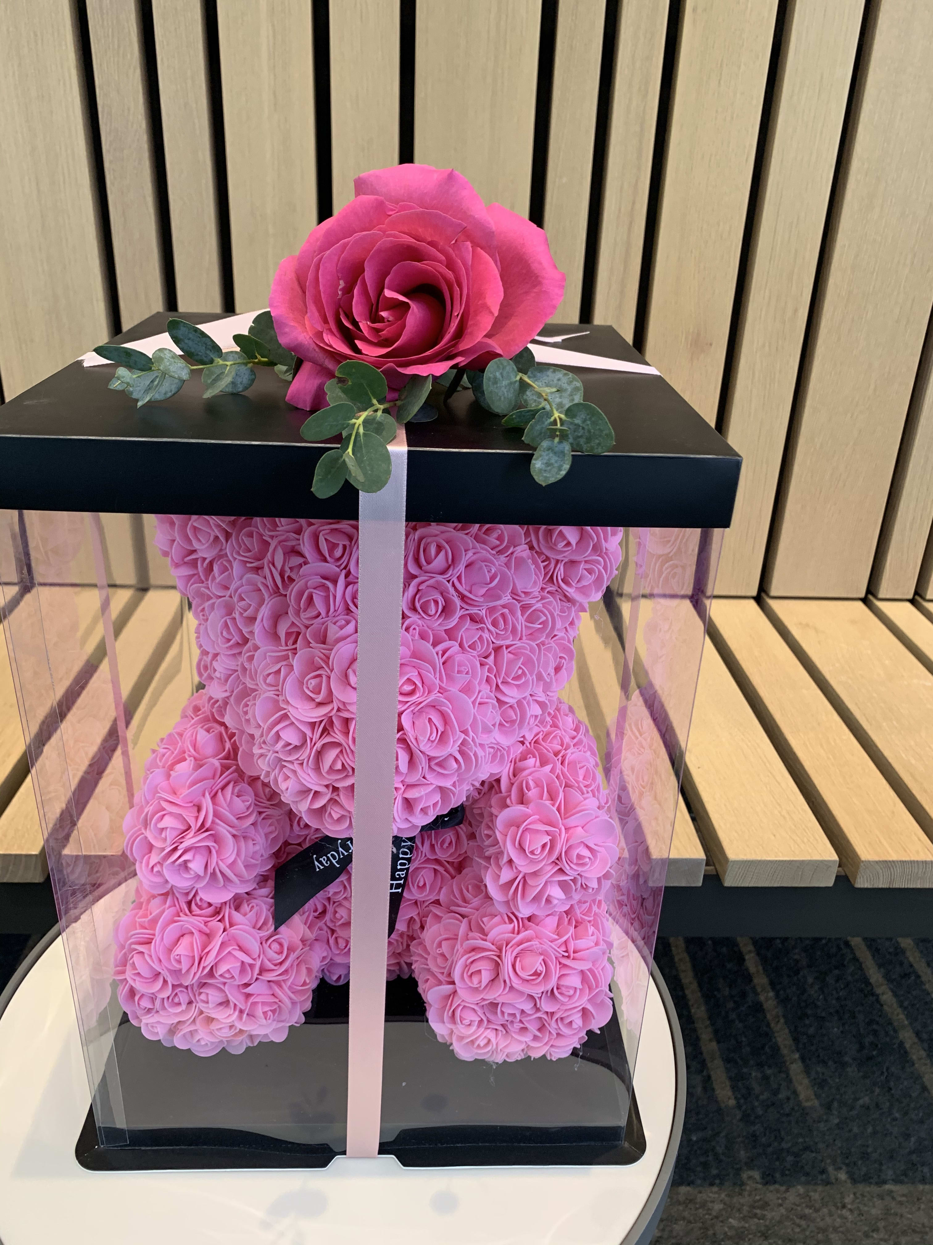 Pink Medium foam  mini rose teddy bear  - Medium size artificial mini rose teddy bear  created with  foam mini  roses it’s a great long lasting gift , size its 15&quot; tall,10&quot; wide (this its not a real roses) 