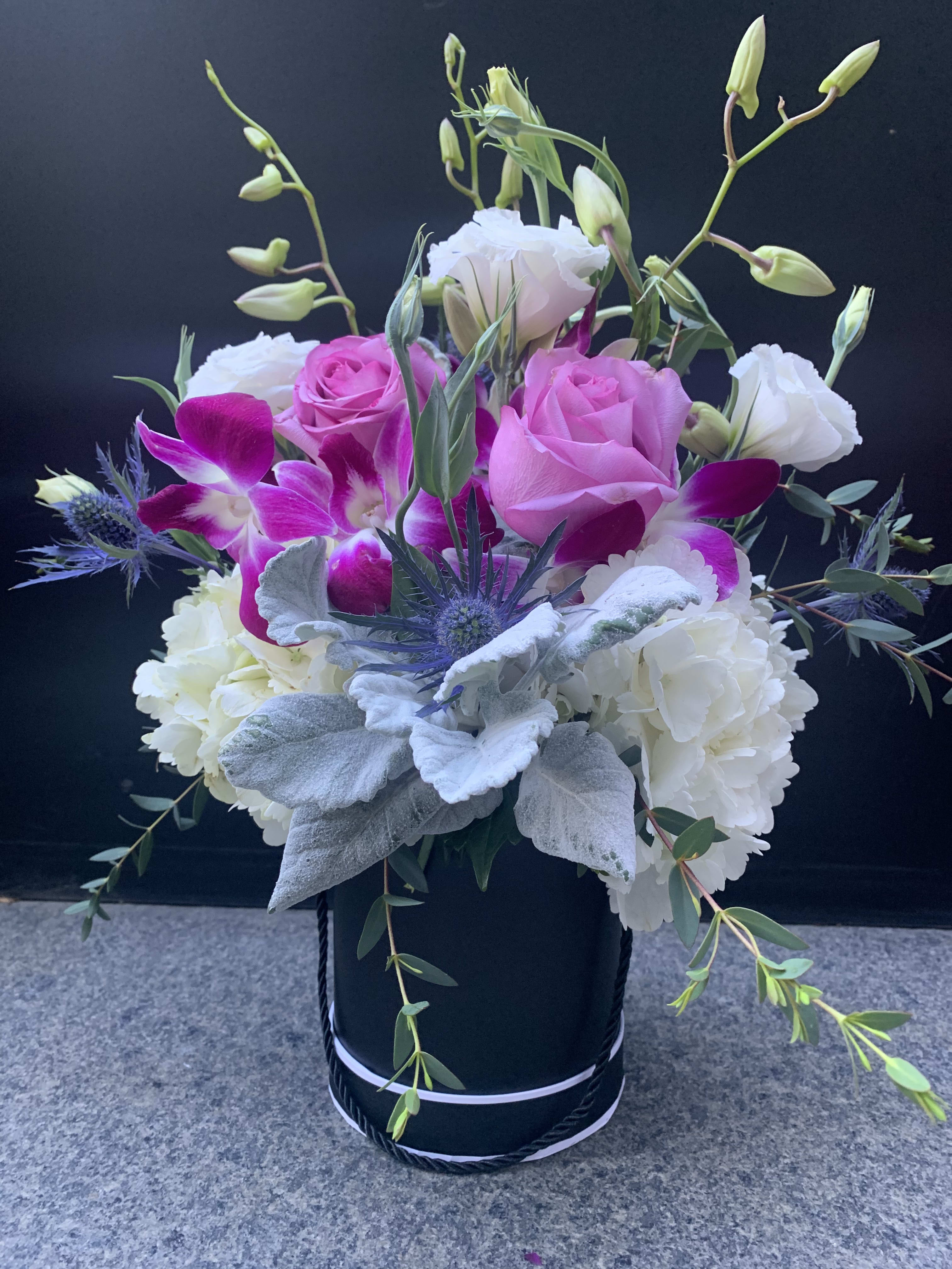 Lavender Fragrances  - Ceramic Container filled with flowers roses, Hawaiian orchids, hydrangeas, dusty miller, Tiso and fragrant eucalyptus great gift.