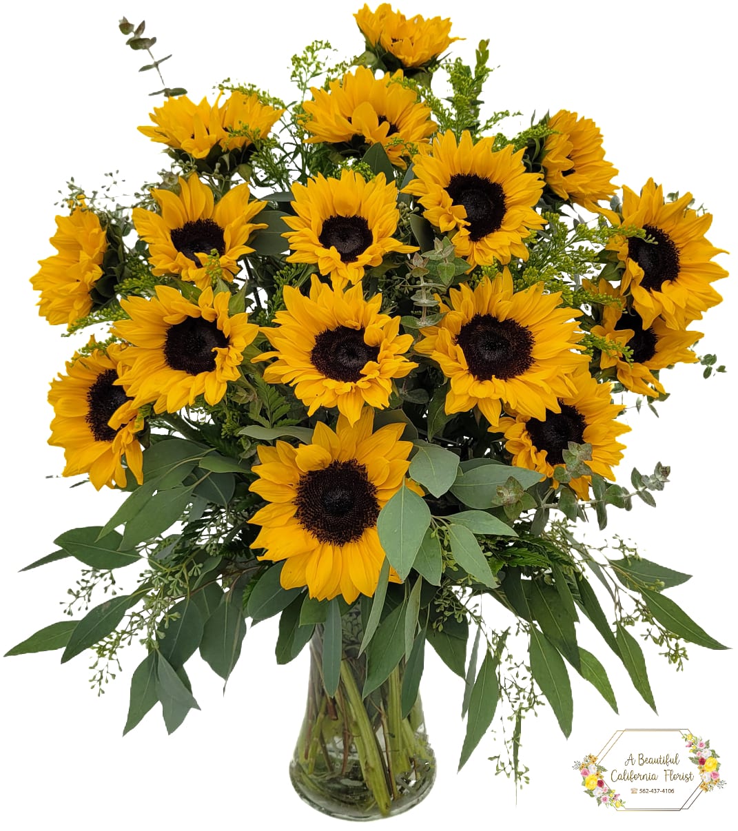 Sunflower Power - Sunflower Power!  A bright and cheerful bouquet of sunflowers that brings joy and happiness to any recipient. Perfect for birthdays, thank you, or get well soon messages. Beautiful sunflowers and mixed greens arranged and presented in a vase ready to enjoy. Sunflower Power from Long Beach CA favorite five 5 star rated flower shop, offering same day flower order and delivery, A Beautiful California Florist.  Approximate size: 22&quot; Tall x 20&quot; Wide 