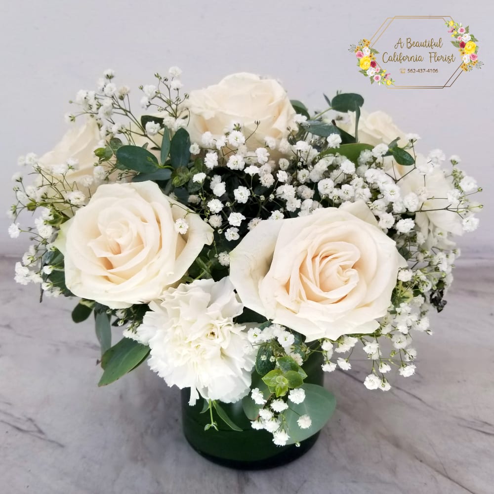 Moonlight Serenade - &quot;I stand at your gate and the song that I sing is of moonlight. I stand and I wait for the touch of your hand in the June night. The roses are sighing a moonlight serenade.&quot; -Glenn Miller / Mitchell Parish  Moonlight Serenade, a beautiful collection of  white &quot;moonlight&quot; roses, carnations, soft babies breath and lush accent greens. Our florist artfully arranges into a clear glass cylinder vase with Ti leaf wrap. A gorgeous presentation of beautiful blooms to convey love, comfort and support, thinking of you etc... . Approximate size is 10&quot; H x 10&quot; W  Moonlight Serenade, order for same day flower delivery or in store pickup from Long Beach's favorite five 5 star flower shop, A Beautiful California Florist.