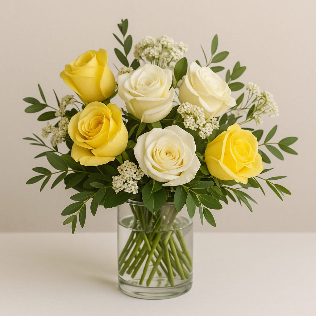 Yellow Belle - Brighten someone’s day with this cheerful and elegant arrangement of fresh yellow and white roses, accented with soft greenery and delicate filler flowers. Designed in a clear glass cylinder vase, this bouquet brings a touch of warmth and grace to any space. Whether you’re celebrating a birthday, sending thanks, or simply sharing some sunshine, Yellow Belle is a timeless gift that speaks from the heart.