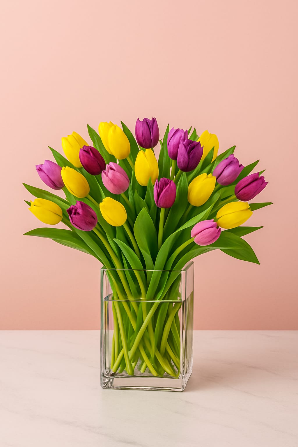 Hello, Sunshine - Perfect for Mother’s Day or anytime you want to make her feel truly cherished.  Bright, bold, and bursting with joy—Hello, Sunshine is the perfect way to say “thank you” and “I love you” all at once. Featuring a vibrant mix of golden yellow and soft purple tulips arranged in a modern glass vase, this cheerful design is made to light up any room.  A sunny surprise for the mom who makes everything brighter.