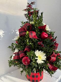 Country Cabin Boxwood tree - Cut boxwood branches arranged in the shape of a tree in a red and black buffalo plaid container. Adorned with plaid bows, apples, berries and mini pinecones.