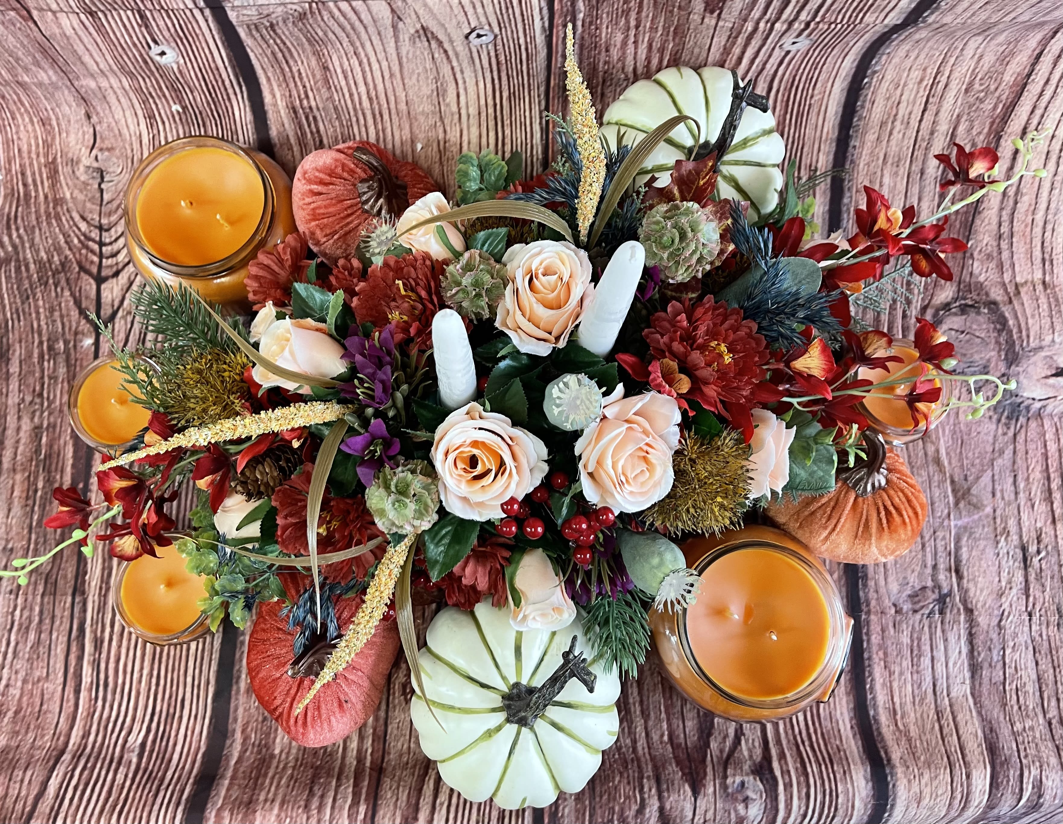 Thanksgiving Tablescape - Just add the food! Everything pictured ready to be placed on your Thanksgiving dinner table.  Entire tablescape Includes artificial centerpiece, 3- 3.4 oz. Tyler candles, 2 -22 oz. Tyler candles, and 5 pumpkins!  