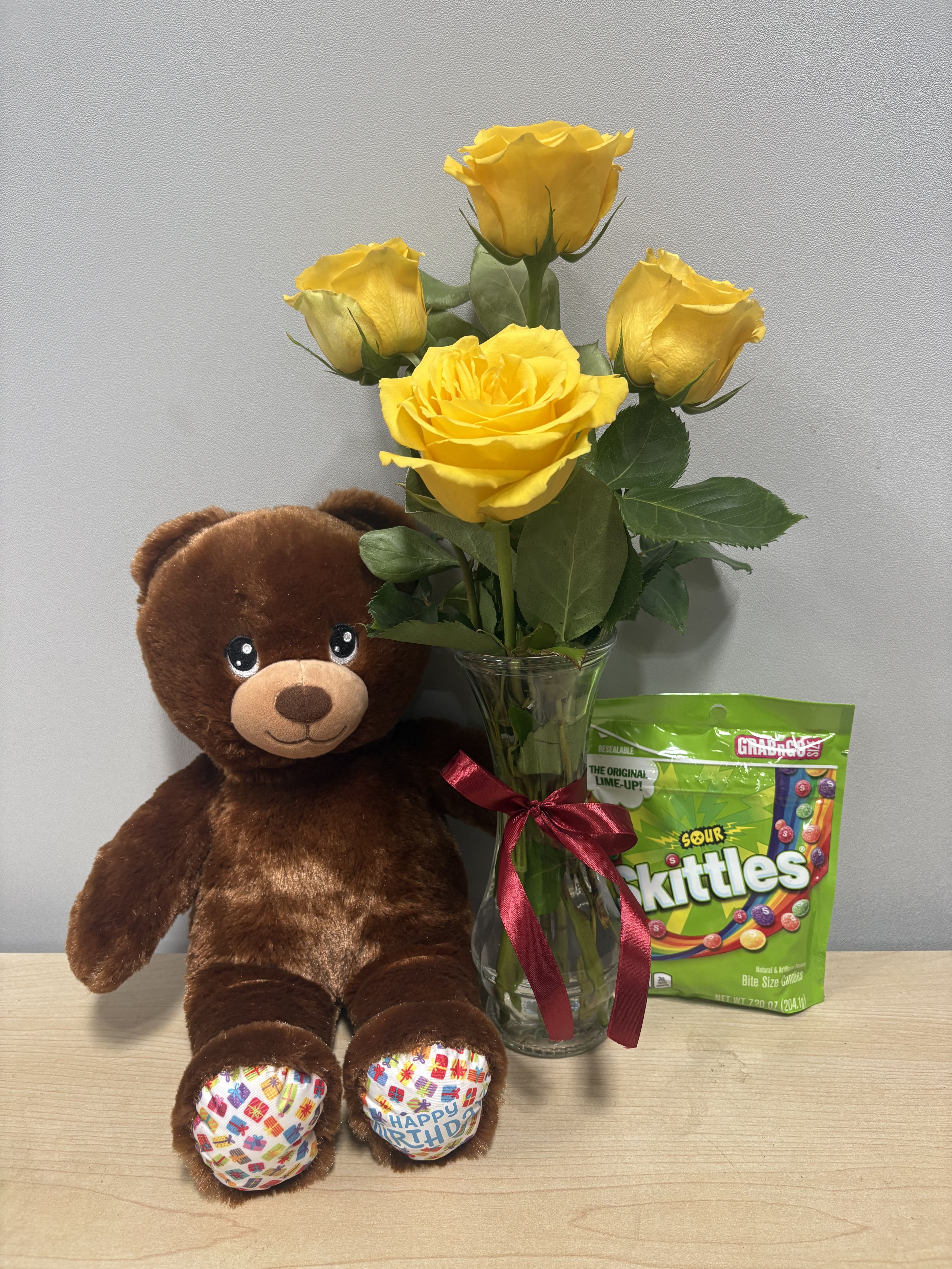 Yellow Roses &amp; Birthday Bear Trio - As shown 
