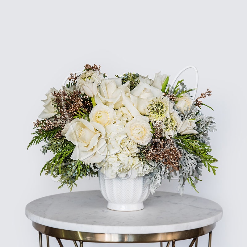 Cozy Feels - Nothing like creamy, luxe neutrals to cause the cozy feels! Featuring: Hydrangea, Roses, Tulips, Ranunculus and Gold Eucalyptus
