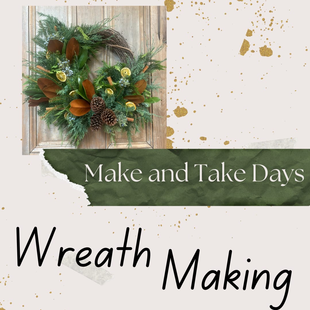 Make and Take Workshop WREATHS - Make your own wreath at the time that works for you at the coziest coffee shop around!  All supplies are provided to create a wreath.  A variety of fresh greens, berries, dried seed pods, glitter stems, and shiny plastic balls.  Custom bows can be made for a extra fee of $8 the day of the workshop.    The Reister's Daughter, 202 Main Street, Reisterstown, MD 21136 Dates available Nov. 29th, Dec. 6th, and Dec. 20th from 11am-4pm.  Purchasing a ticket guarantees you supplies to make the project you want on the date you choose (PLEASE INDICATE THE DATE in the NOTES AT CHECKOUT!)  3 Wreath sizes available and you'll have someone from Sow Wonder Florals to walk you through each project. In each size you have the option of a grapevine wreath (which is an asymmetrical design and not fully covered) or a wire frame wreath that is all evergreens, berries and seed pods.     10&quot; wreath base creates a 14&quot;-18&quot; wreath 14&quot; wreath base creates an 18&quot;-22&quot; wreath 18&quot; wreath base creates a 20&quot;-24&quot; wreath  If you would like a wreath size not listed, please reach out to laura@sowwonder.com for pricing on what you want. Also, wreath classes are available for a group of friends either held at The Reister's Daughter or at someone's home.  