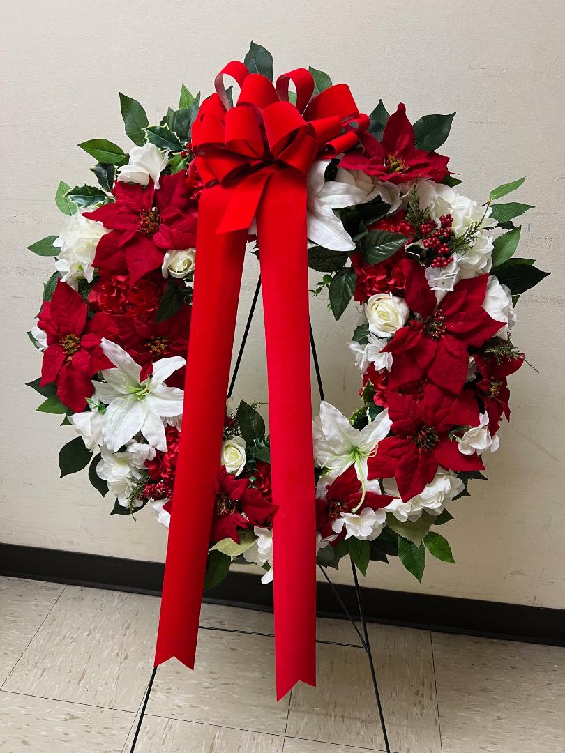 [TT-RWSILKXW]:  RED AND WHITE SILK CHRISTMAS WREATH - RED AND WHITE SILK CHRISTMAS WREATH (ARTIFICIAL FLOWERS)