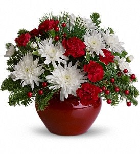 Christmas Treasure - So bright and festive, this gem of a holiday arrangement is sure to be treasured.  With all of the makings for a holiday celebration, a unique cranberry-colored jardinière vase holds the perfect mix of red roses, carnations and berries, white chrysanthemums and winter greens including holly. Now how's that for jolly?  Approximately 12&quot; W x 10&quot; H  Orientation: All-Around  As Shown : T126-1A Deluxe : T126-1B Premium : T126-1C