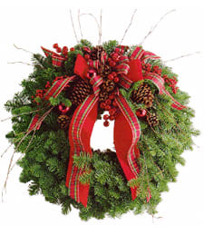 HOLIDAY WREATH DELUXE WITH TARTAN BOW ON EASEL [ TT-ANCXWD1] - AVAILABLE AFTER 12/1  HOLIDAY WREATH ON EASEL WITH TARTAN BOW BY TWIN TOWERS FLORIST.  FOR GRAVESIDE DELIVERY TO ARLINGTON NATIONAL CEMETERY