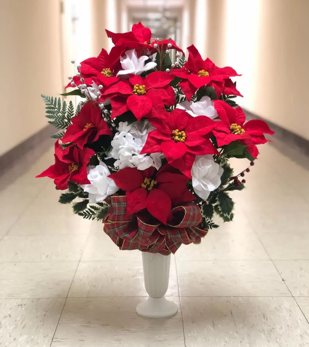 SILK POINSETTIA ARRANGEMENT - ARTIFICIAL POINSETTIA BLOOMS WITH HOLIDAY DECORATIONS IN A CEMETERY APPROVED CONTAINER