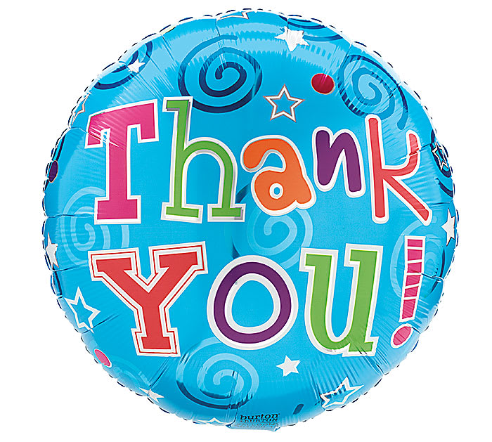 Thank You Blue Balloon - Blue balloon with "Thank You!" and multi-colored Stars and Dots filled with Helium