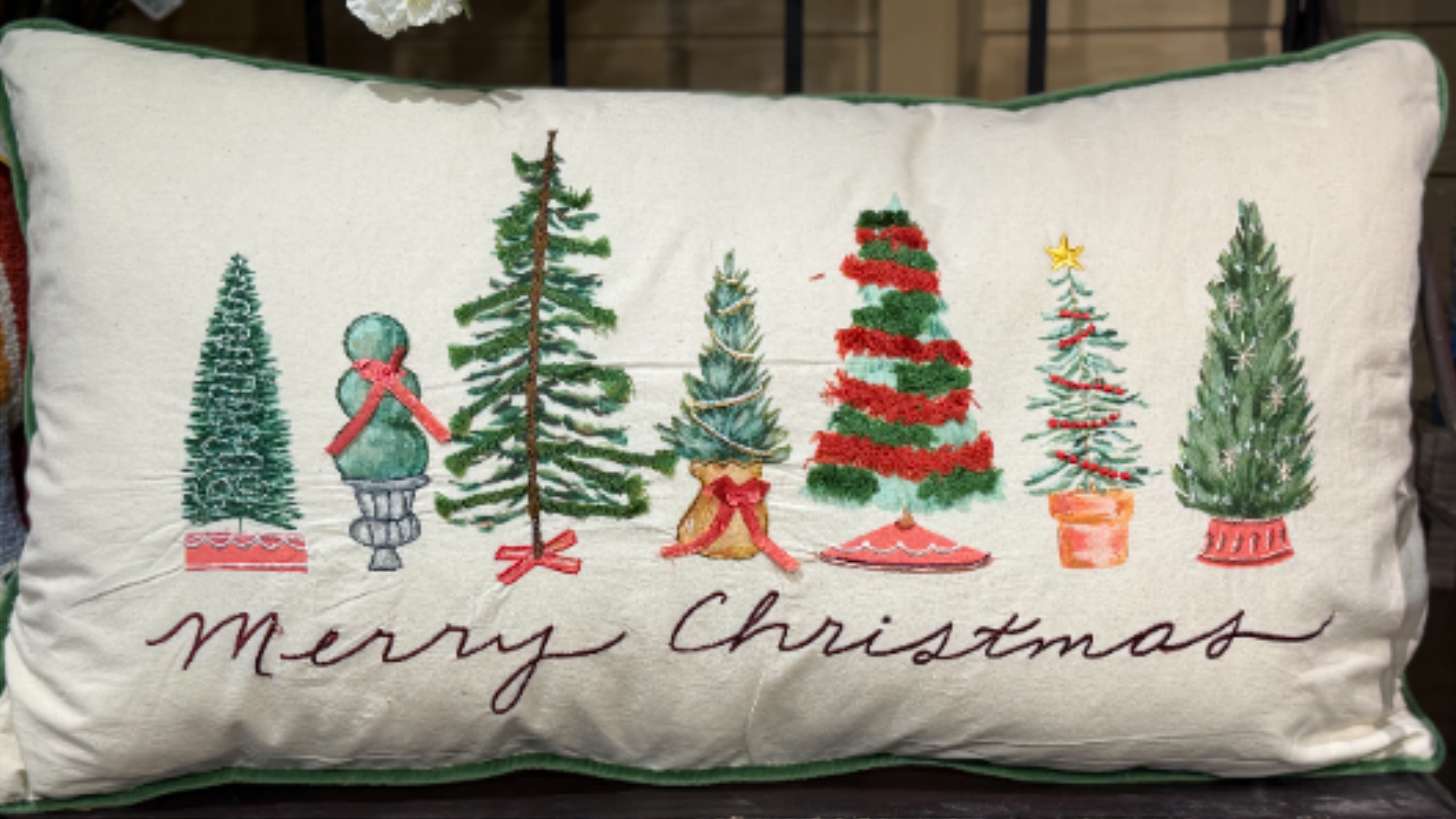 Merry Christmas Embroidery Lumber Pillow - 32&quot;L x 18&quot;H Printed Lumbar Pillow w/ Piping, Embroidery &amp; Trees &quot;Merry Christmas&quot;, Multi Color   Material: Cotton  Shape: Lumbar