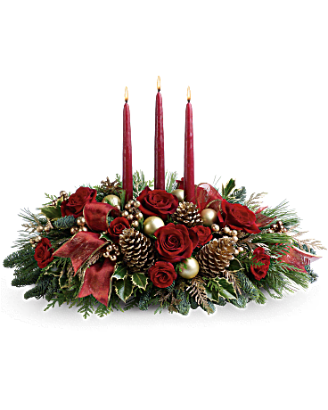 All is Bright  - Feel merry and bright with this centerpiece of festive holiday spirit. Filed with Red and White flowers and Holiday Christmas greens. 