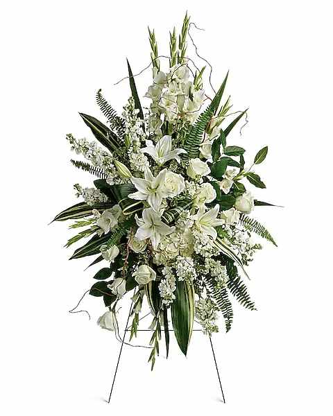 Heartfelt Sympathy Spray - This beautiful spray includes white hydrangea, white roses, white oriental lilies, white gladioli, white stock, pitta negra, sword fern, curly willow, variegated aspidistra leaves, and lemon leaf. Delivered on a wire easel. This beautiful spray includes white hydrangea, white roses, white oriental lilies, white gladioli, white stock, pitta negra, sword fern, curly willow, variegated aspidistra leaves, and lemon leaf. Delivered on a wire easel.