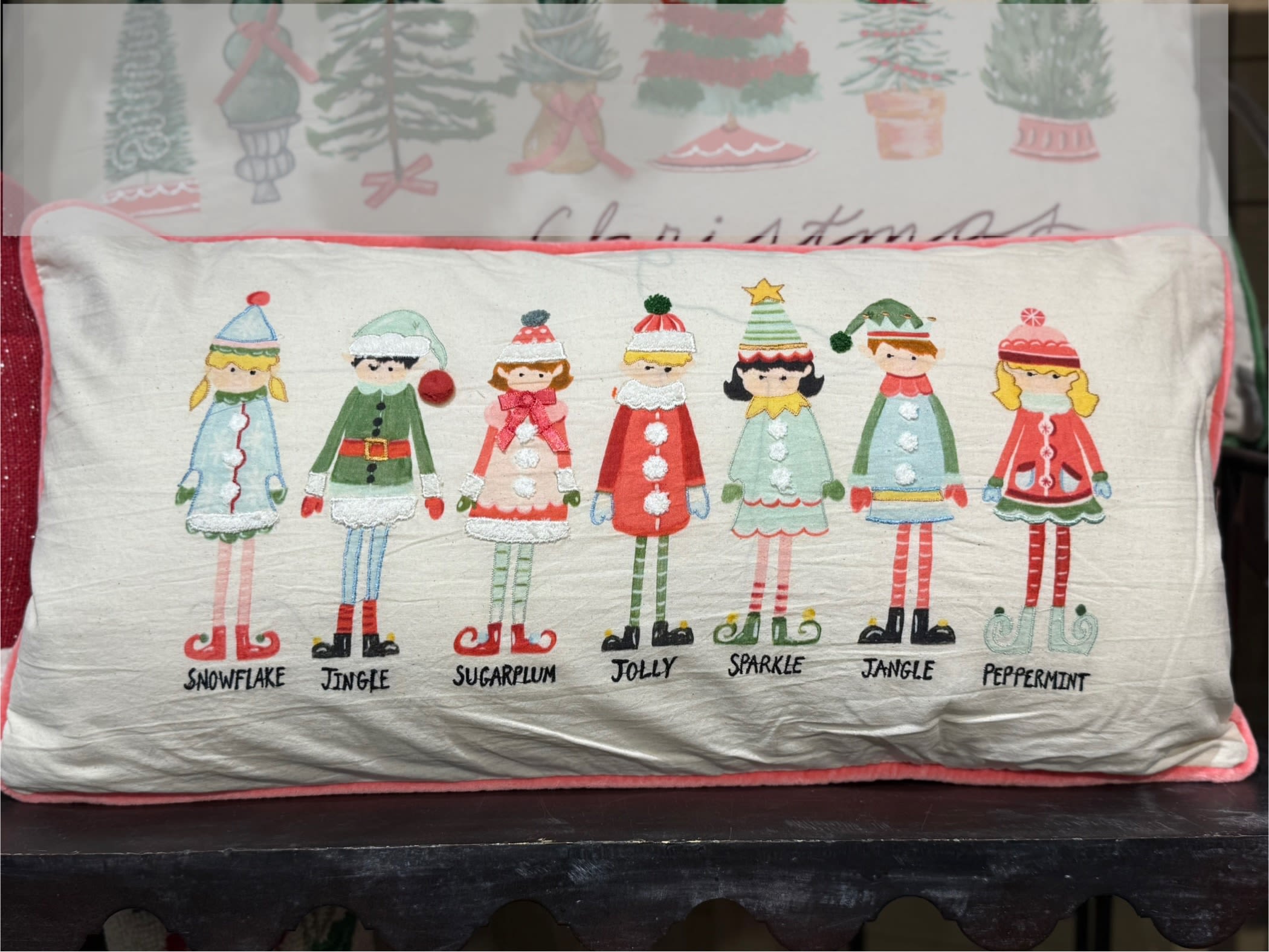 Elves Lumbar Pillow - 4&quot;L x 12&quot;H Printed Lumbar Pillow w/ Elves, Embroidery, Piping, Pom Poms &amp; Velvet Back, Multi Color 